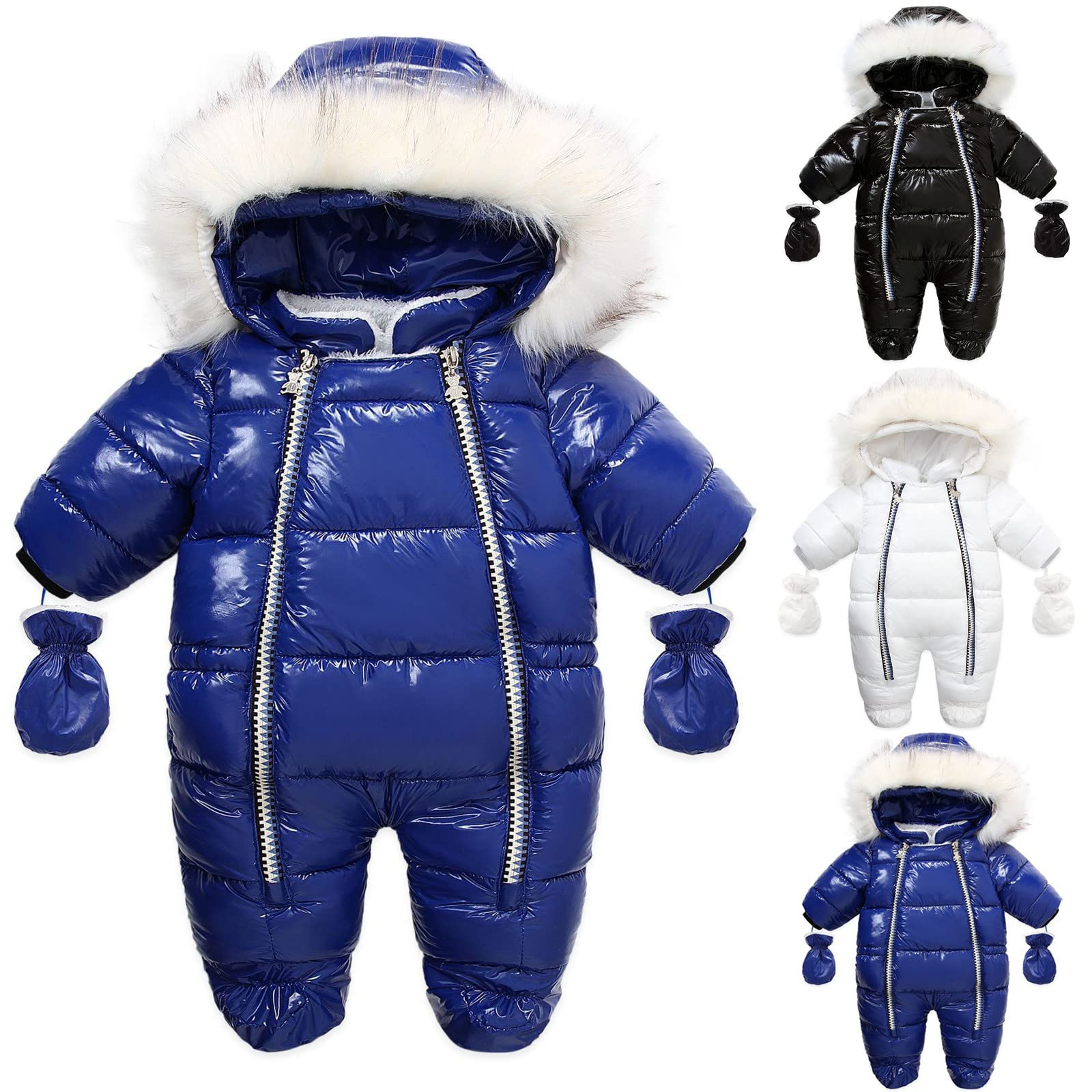 RNTOP Newborn Baby Snowsuit Fleece Lined Warm Winter Coat Infant Hoodie Jumpsuit Romper Boy Girl (Blue, 6-12 Months)