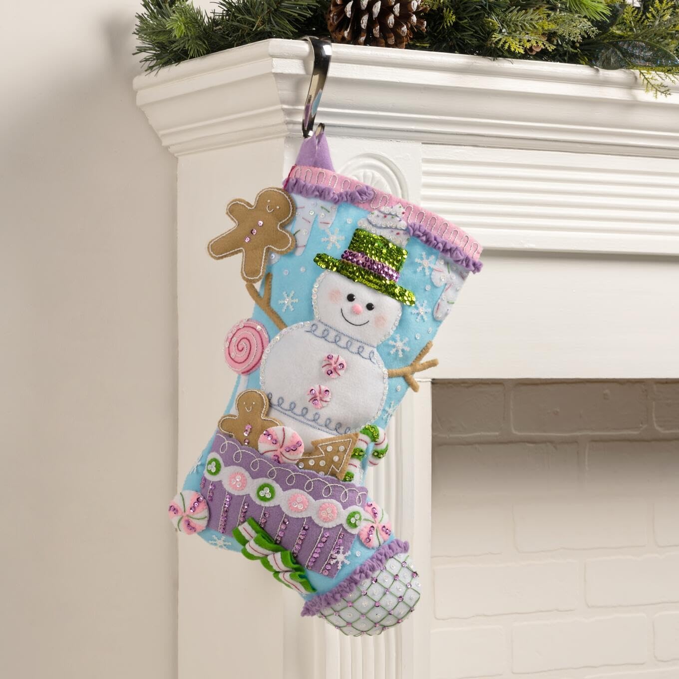 Bucilla Felt Applique 18" Stocking Making Kit, Snowman's Candy Confections, Perfect for DIY Arts and Crafts, 89729E