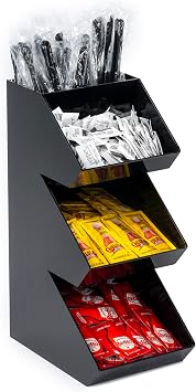 Inevibe Condiment Holder Stand - 3 Tier Compartment for Condiments, Sauce Packets, and Coffee Station Organizer for Bar, Restaurant, Cafe, Home - Black Acrylic Caddy Storage Rack