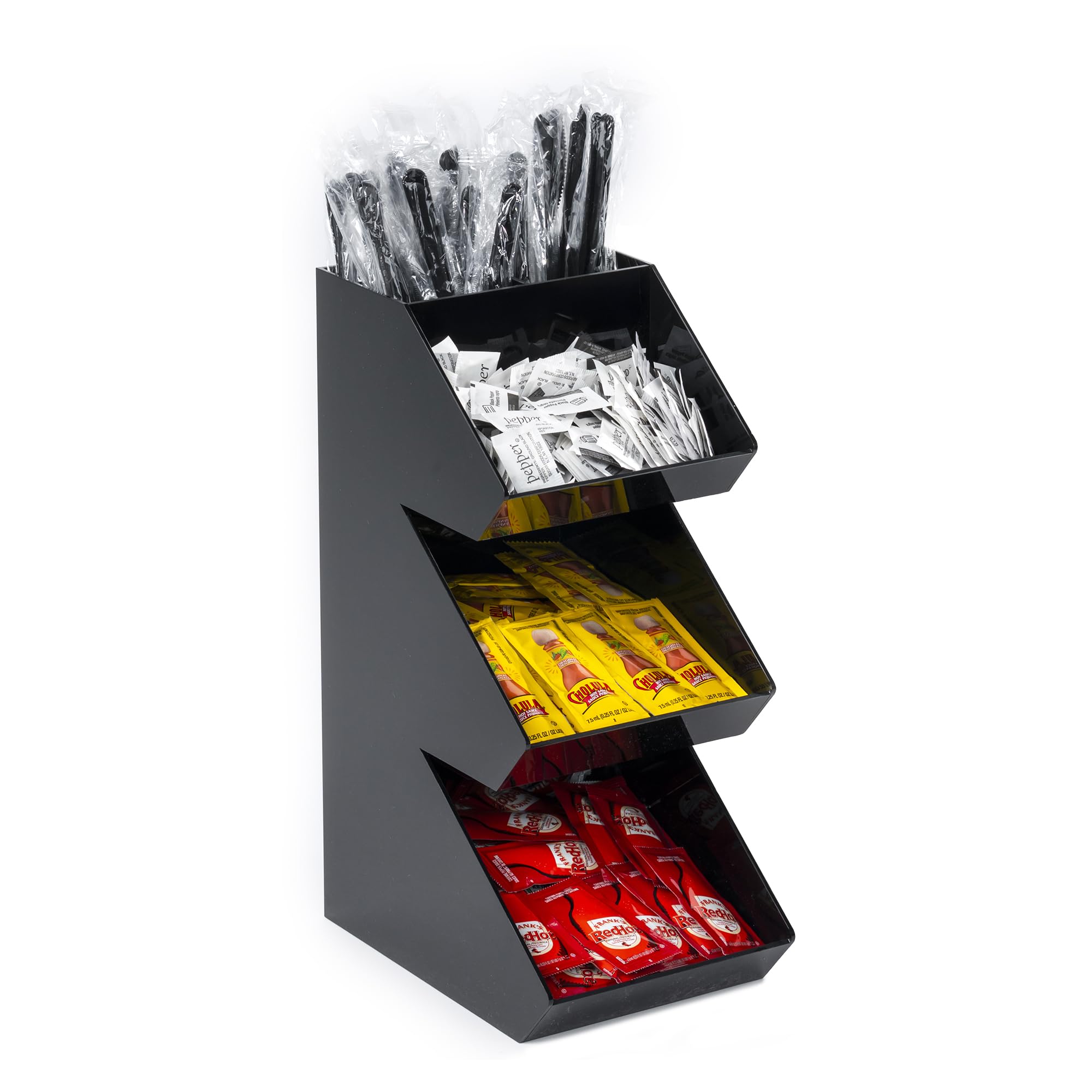 Inevibe Condiment Holder Stand - 3 Tier Compartment for Condiments, Sauce Packets, and Coffee Station Organizer for Bar, Restaurant, Cafe, Home - Black Acrylic Caddy Storage Rack