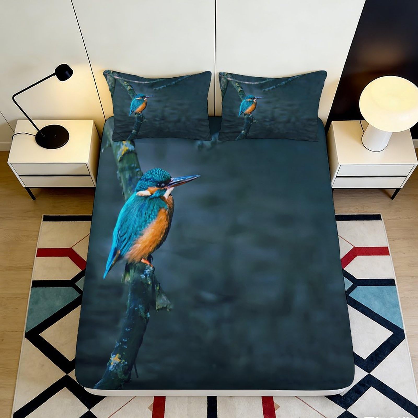 3D Printed Kingfisher Bird Fitted Sheet Microfiber Soft Blue Branch Mattress Cover Non Slip Bedroom Decor Machine Washable 120x200x25cm