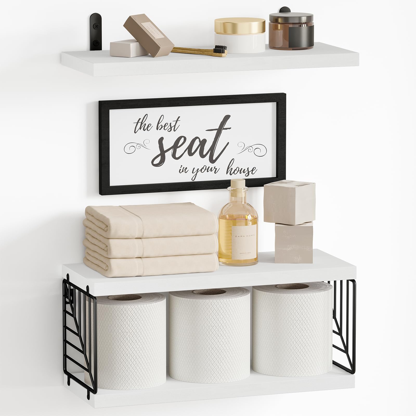 Fixwal Bathroom Shelves Floating Shelves for Bathroom Decor Over Toilet Shelf with Bathroom Pictures for Wall Decor - White