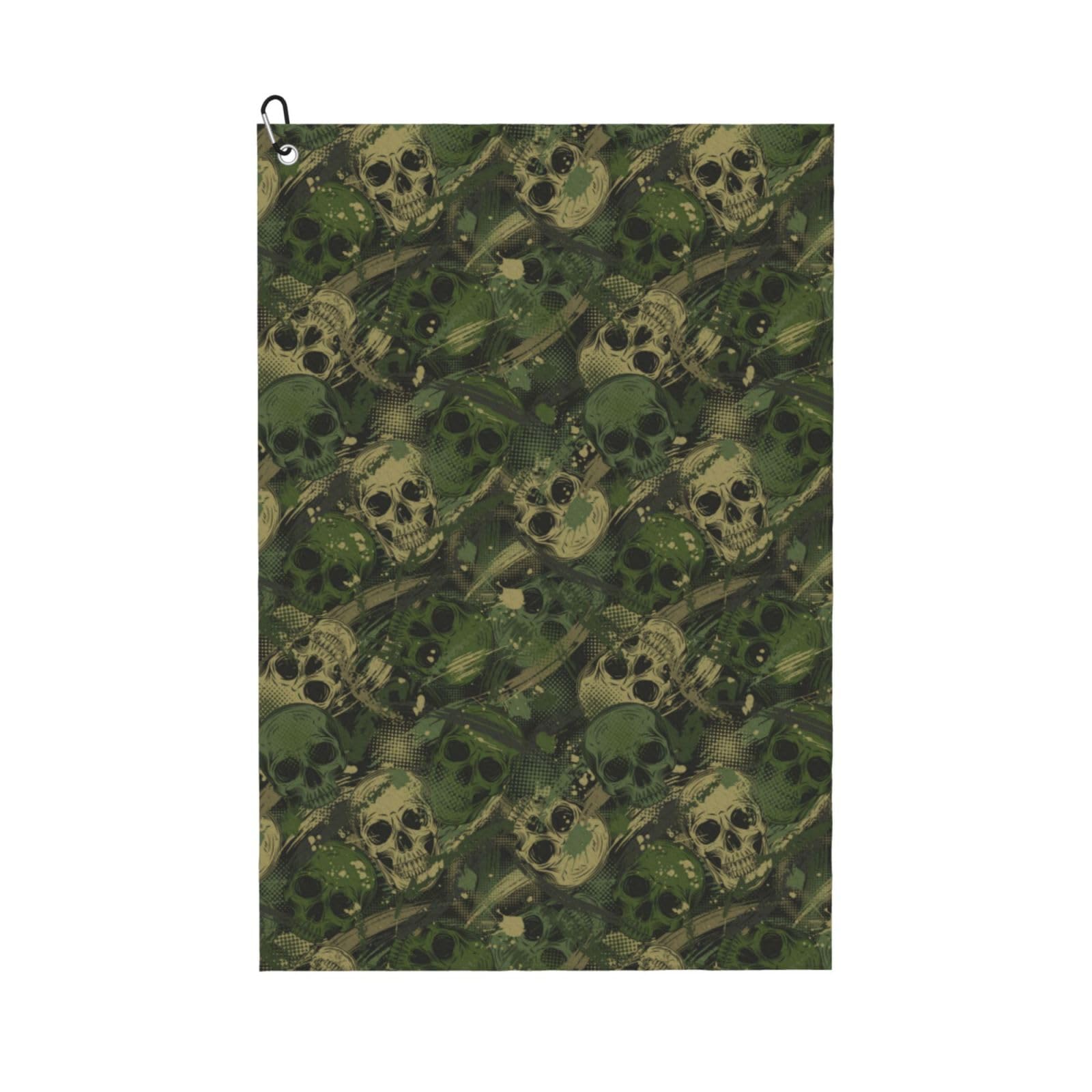 AOOEDM Green Camouflage Skull Print Golf Towel with Carabiner Clip Absorbent Microfiber Golf Towel for Cleaning Golf Ball Club Putter Iron for Golf Bag Trolly Belt Loop 16" X 24"