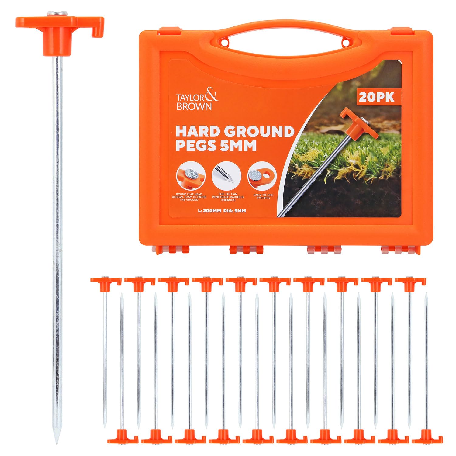 Taylor & Brown 20 Pack Heavy Duty Metal Tent Pegs Ground Pegs - Hard Ground Camping Pegs For Tent, Awning & Tarpaulin, Long Steel Rock Ground Stakes With Plastic Storage Case