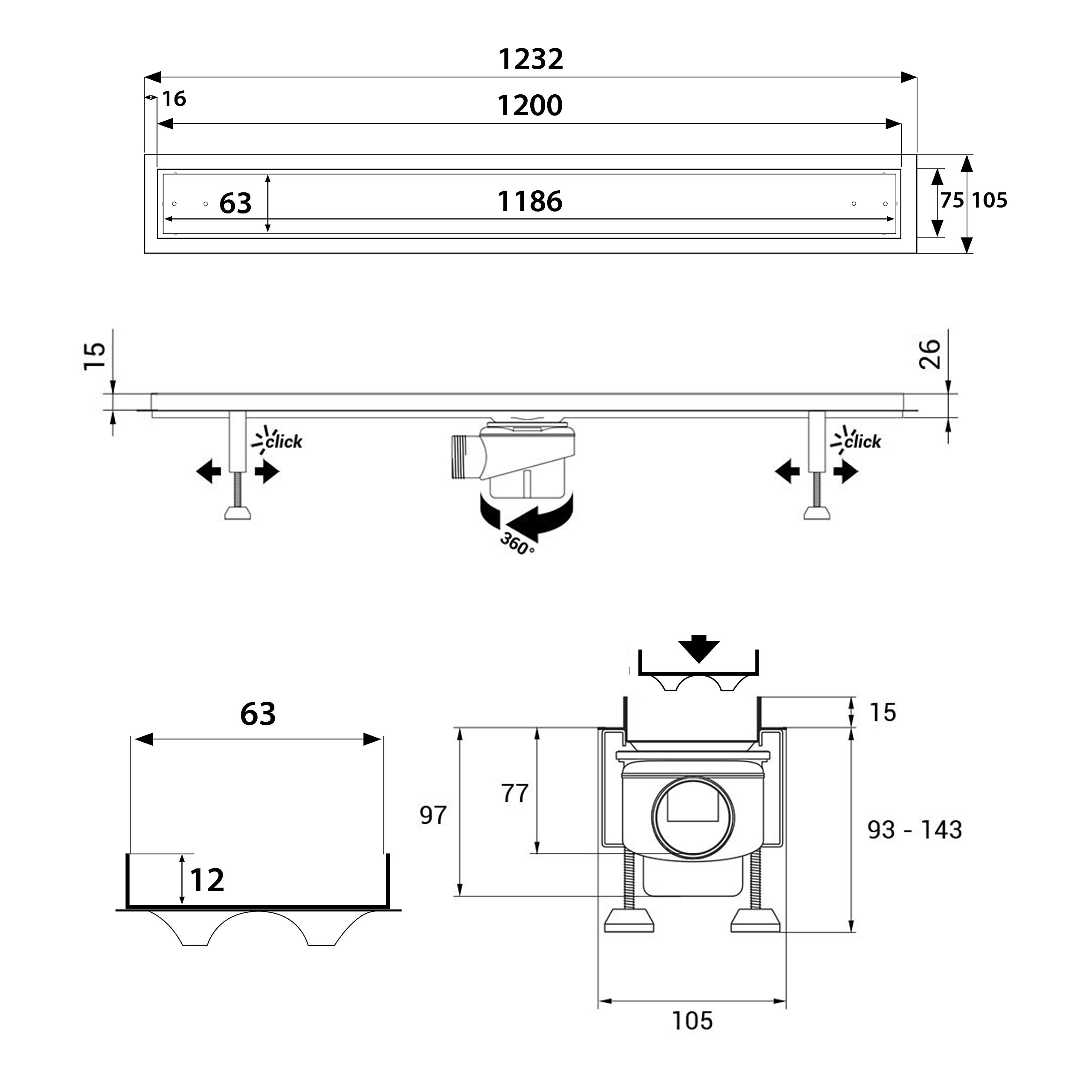 SET completo - Canalina Doccia lucida 120 cm AQUABAD® SDS Premium in acciaio inox, incluso il setaccio per capelli, Domoplex l'uscita orizzontale, il coperchio piastrellabile e il set di base