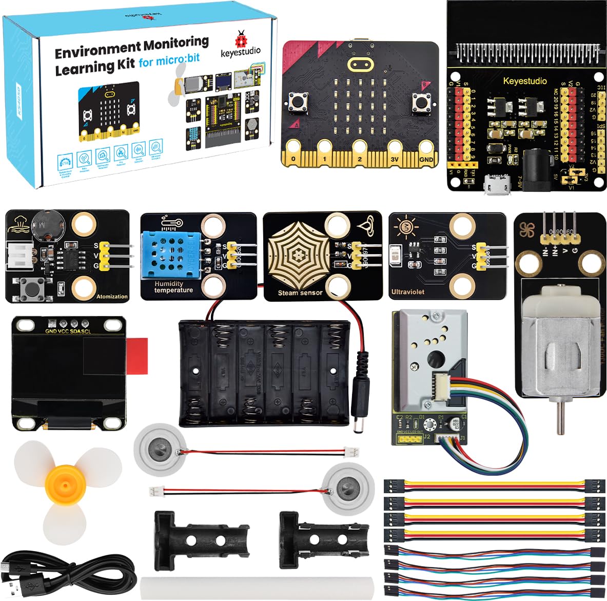 KEYESTUDIO Micro:bit Basic Starter Kit for Environment Monitoring w/OLDE Display, PM2.5 PM2.5 Dust, Rain, UV Sensor, Atomization Module, Fan Module, Makecode and MicroPyhon Project for STEM Education