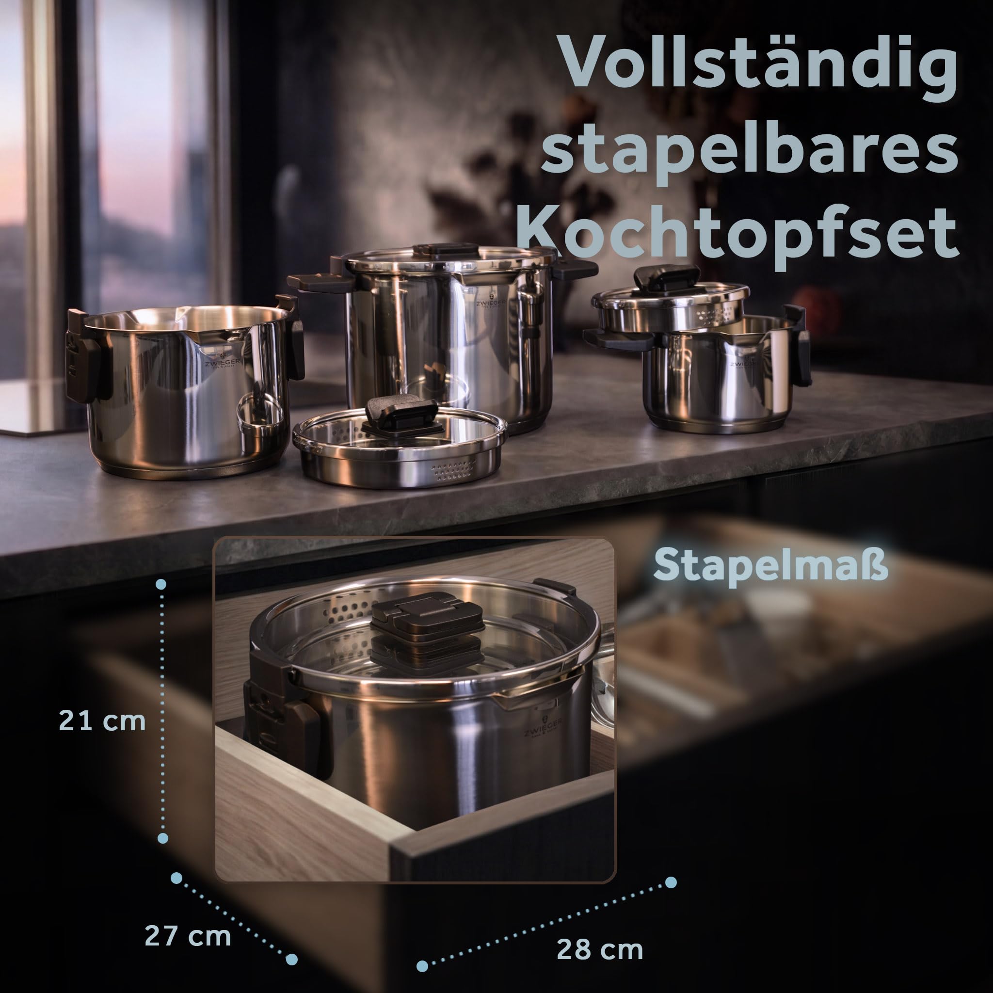 ZWIEGER Stapelbares Topfset Induktion 3-teilig – Kochtopf Set – Edelstahl
