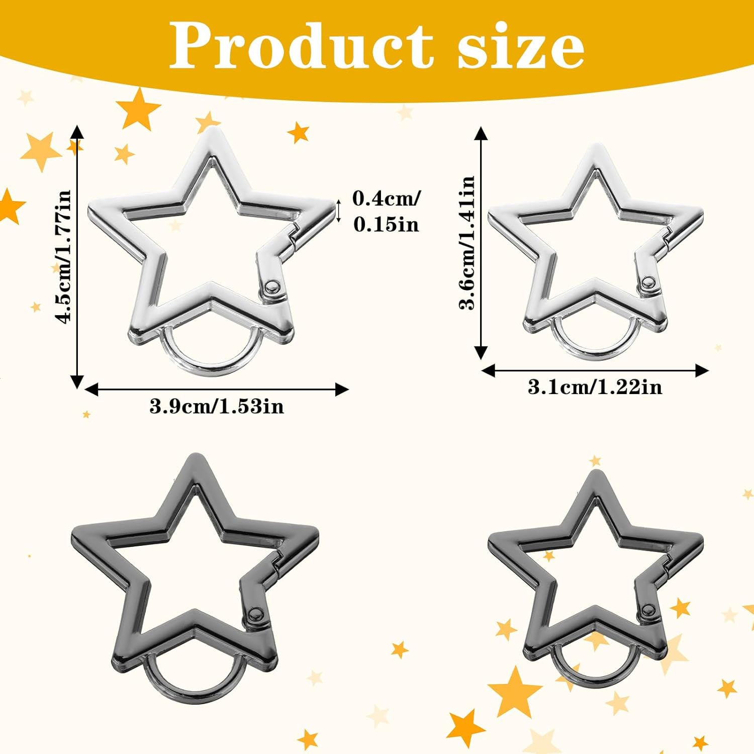 4PCS Star Carabiner, Cute Carabiner, Heavy Duty Zinc Alloy Star Shaped Keychain Clip, Stars Shaped Carabiners, Stars Keychain Clasp, Silver and Black Spring Snap Hook for Camping Hiking Fishing - Image 2