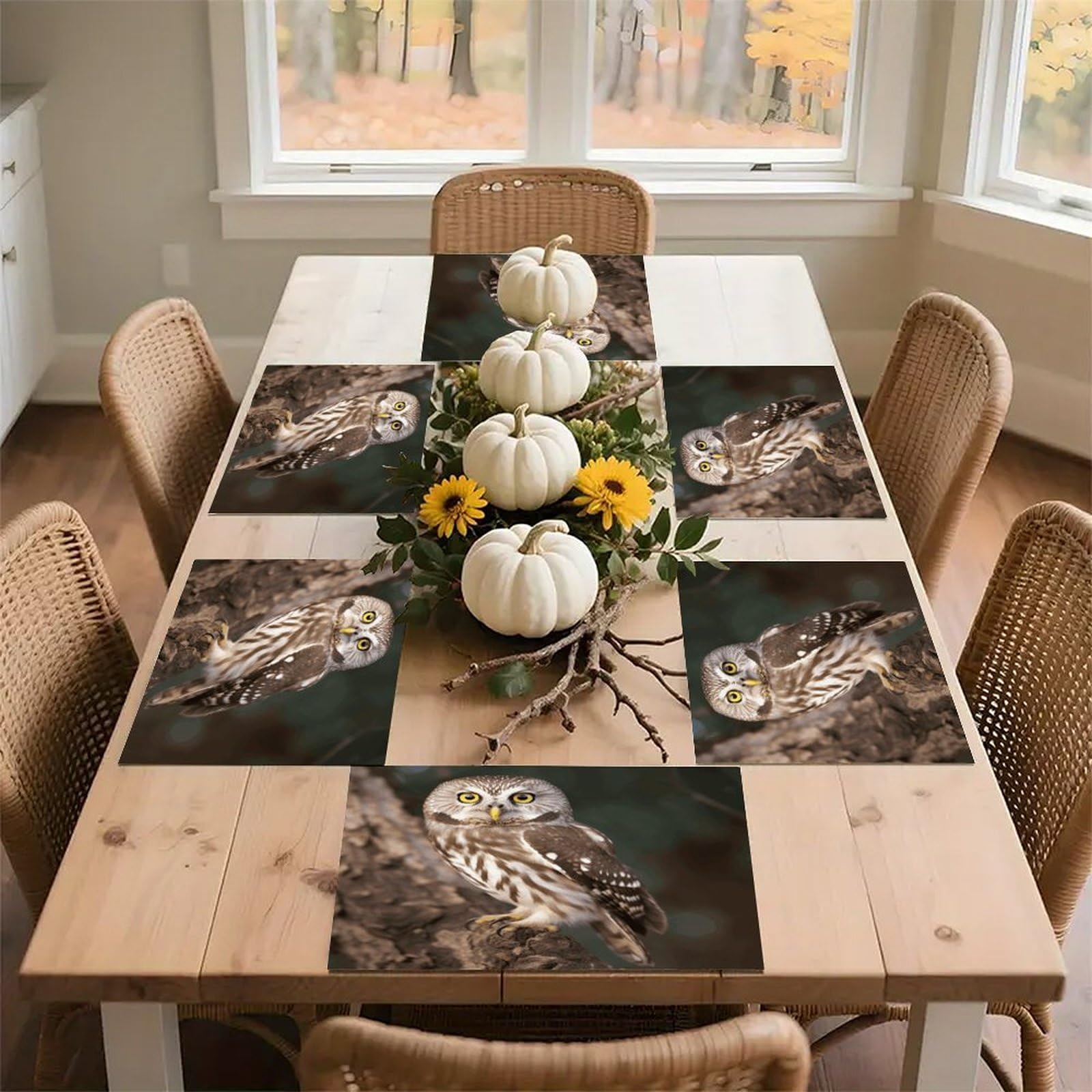 Wildlife Animal Owl Placemats Wipeable Heat Resistant Table Mats Washable Flax Place Mats Elegant Cloth Non-Slip Placemat for Kitchen Dinning Party Table Decor 12 * 18 in