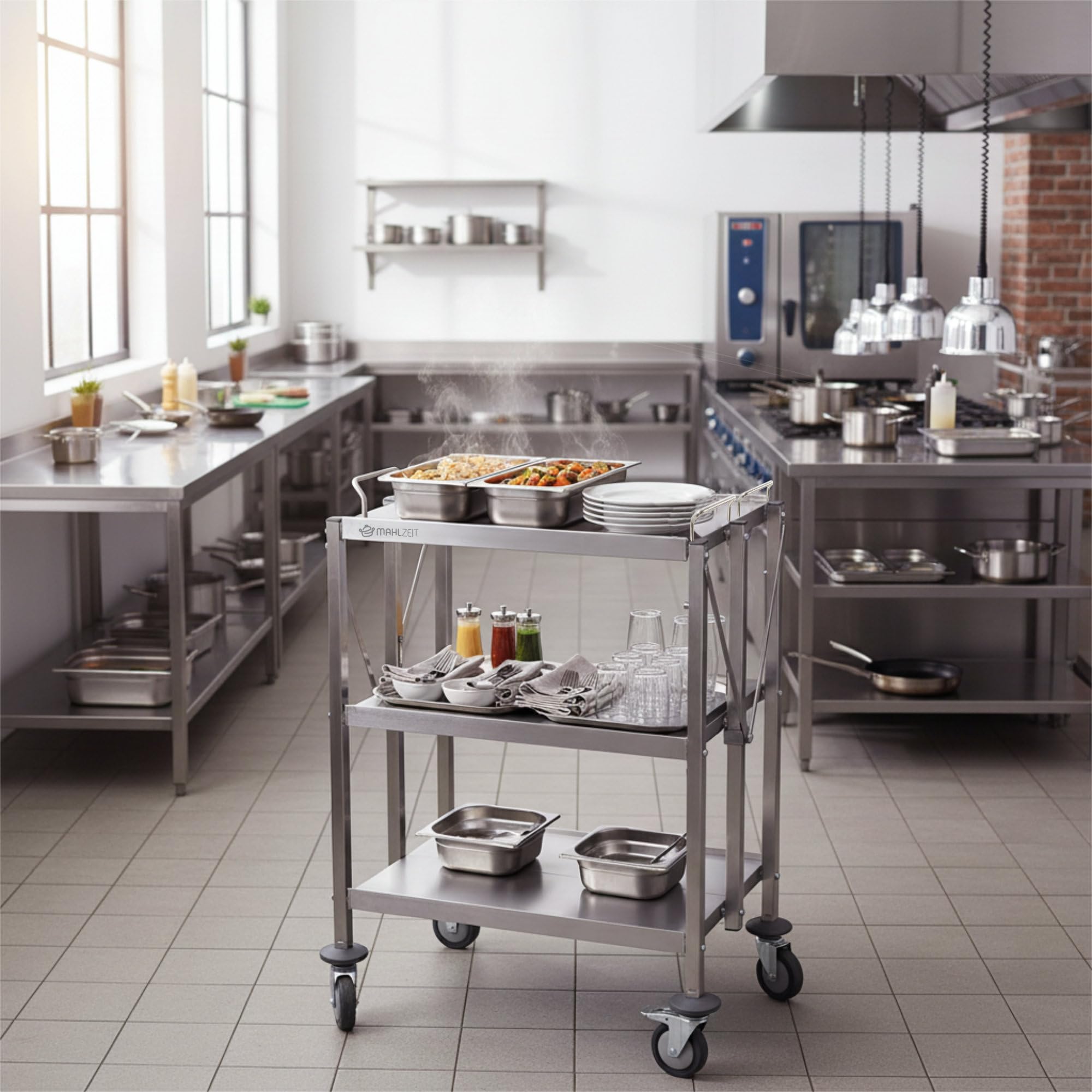 Mahlzeit Faltbarer Servierwagen Edelstahl mit 3 Etagen | 67 x 46 x 98 cm | klappbarer Küchenwagen mit Rollen | Beistelltisch für Küche & Grill