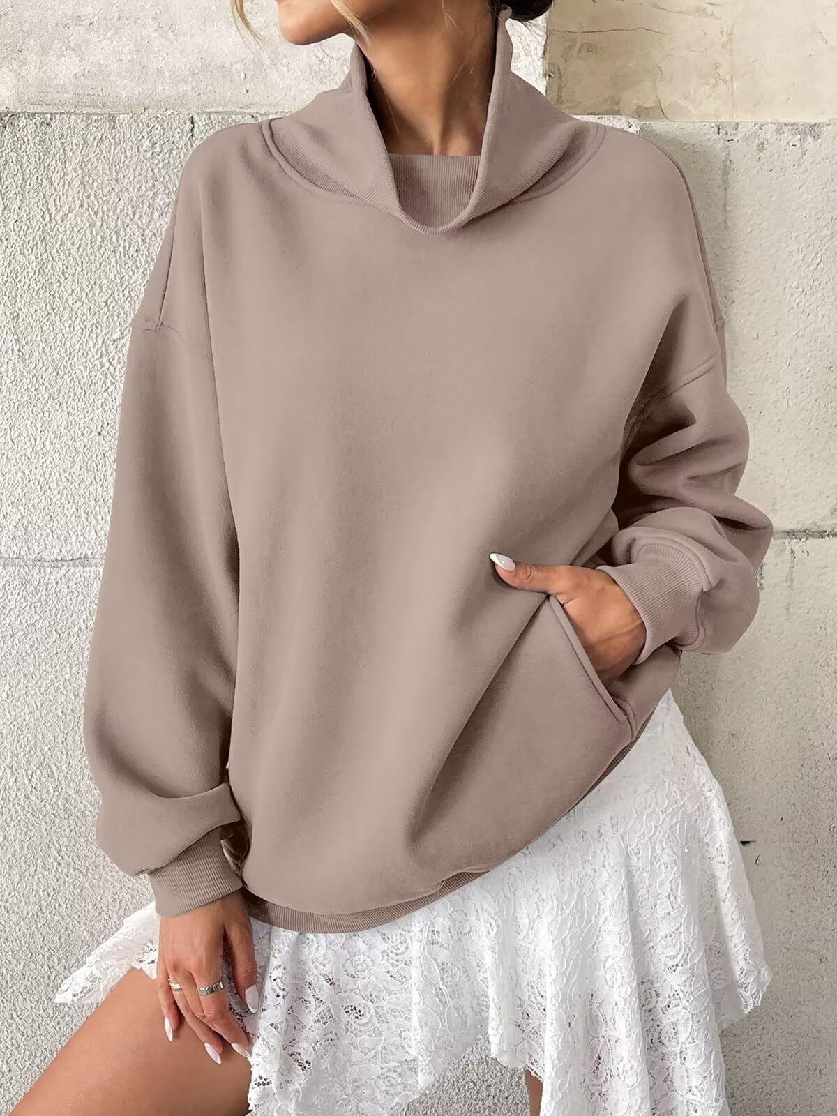 Tomwell Damen Fleece Sweatshirts mit Taschen Oversized Rollkragenpullover
