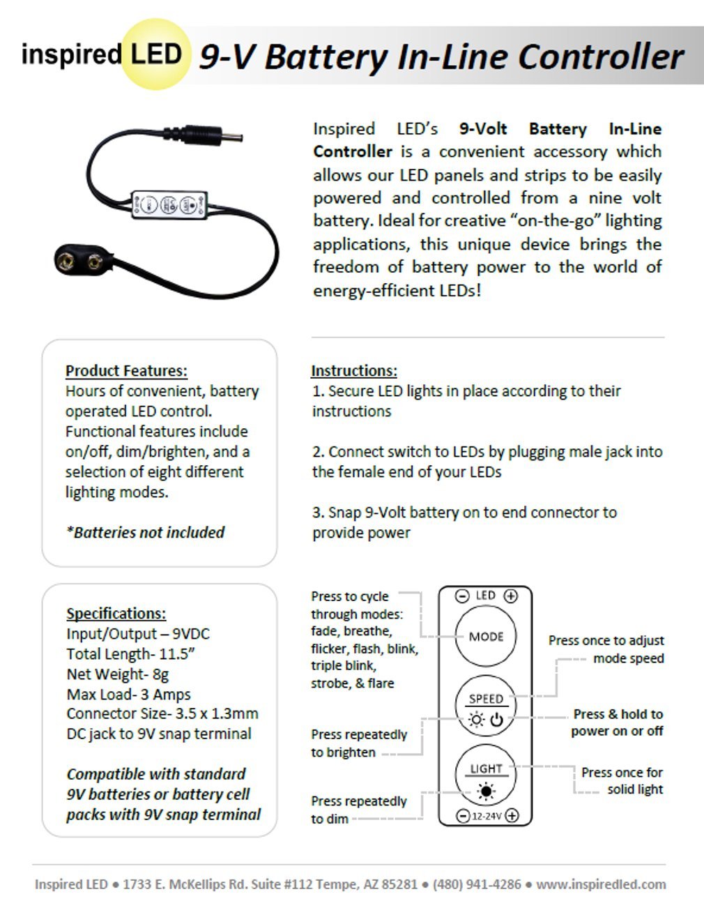 Amazon.com: Single Color in-Line Controller with 9V Battery Connector -  Inspired LED : Electronics