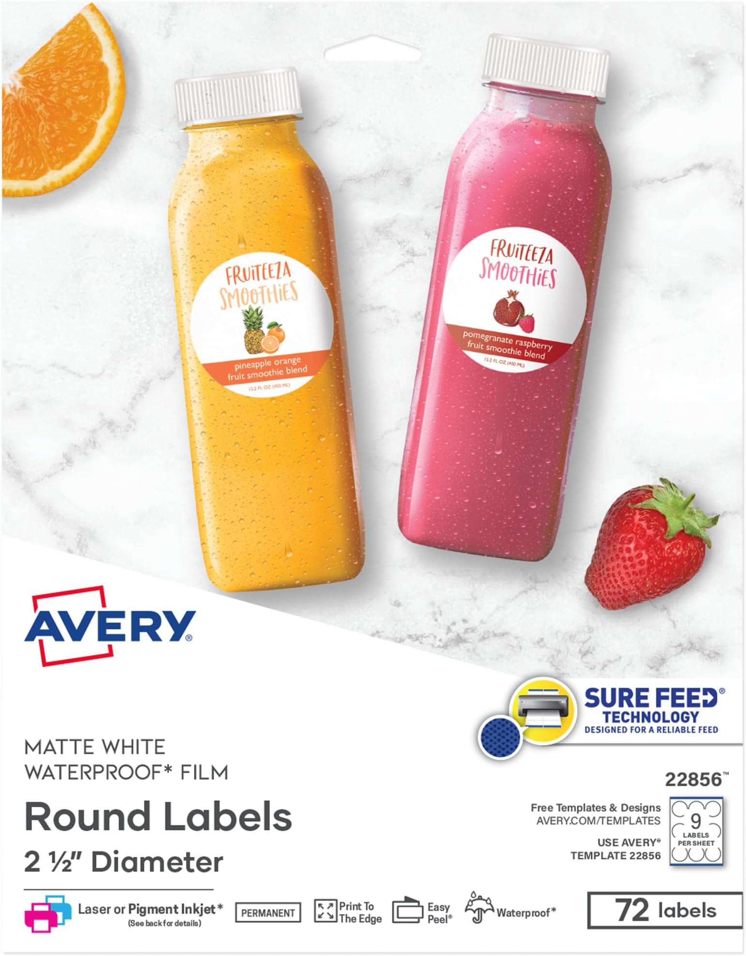 Avery Durable Waterproof Round Labels with Sure Feed Technology, 2.5" Diameter, White, Laser & Pigment-Inkjet Compatible, 72 Blank Labels Total, Great for Branding, Packaging, and More (22856)