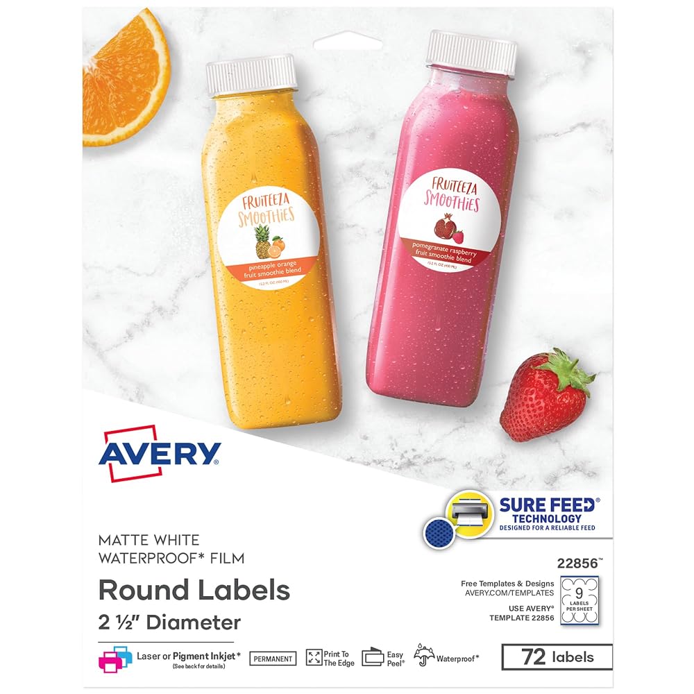 Avery Durable Waterproof Round Labels, Sure Feed Technology, 2.5" Diameter, White, Laser & Pigment-Inkjet Compatible, 72 Blank Labels Total, Great for Branding, Packaging, and More (22856)