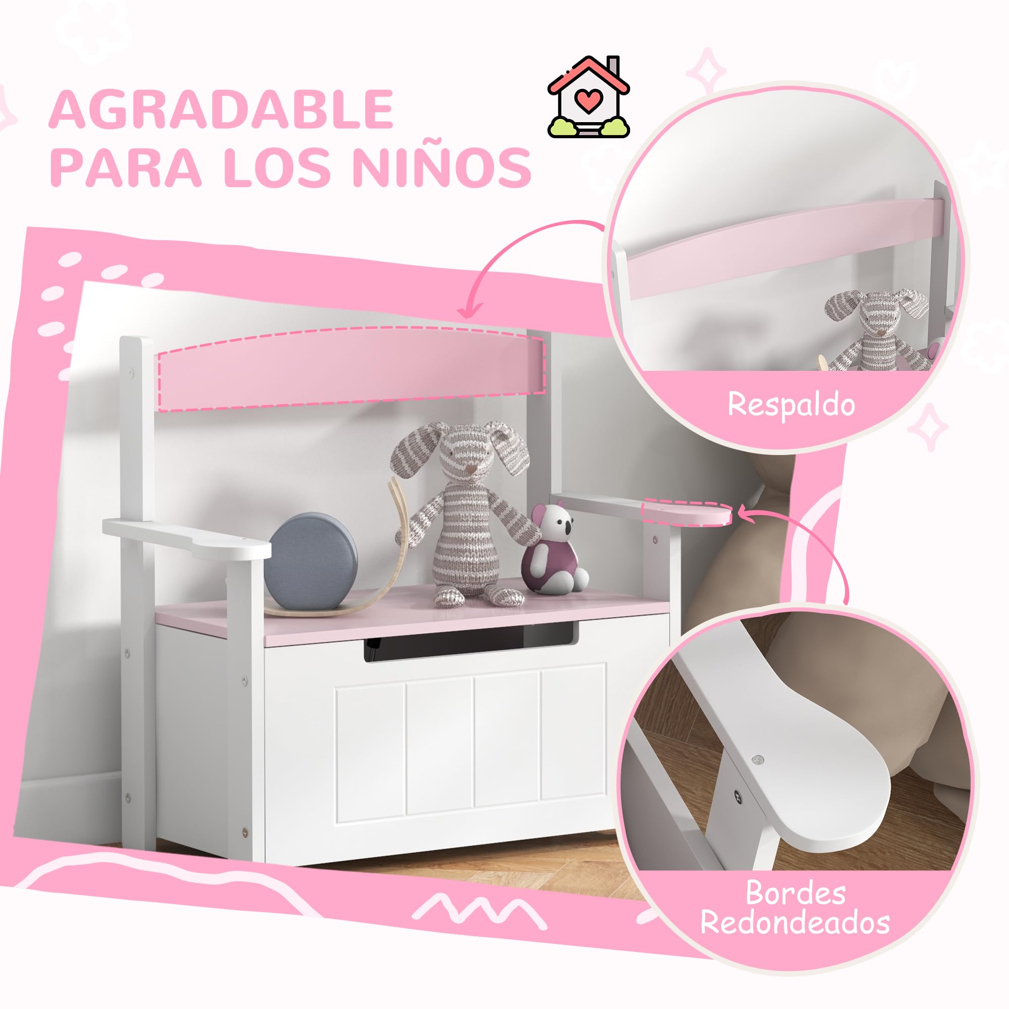 AIYAPLAY Baúl para Juguetes Infantil, Banco Almacenaje para Niños, con Respaldo y Tapa Amortiguadora, Carga 30 kg, para Salas de Juego, Dormitorio, 68,5x34x58 cm, Rosa y Blanco