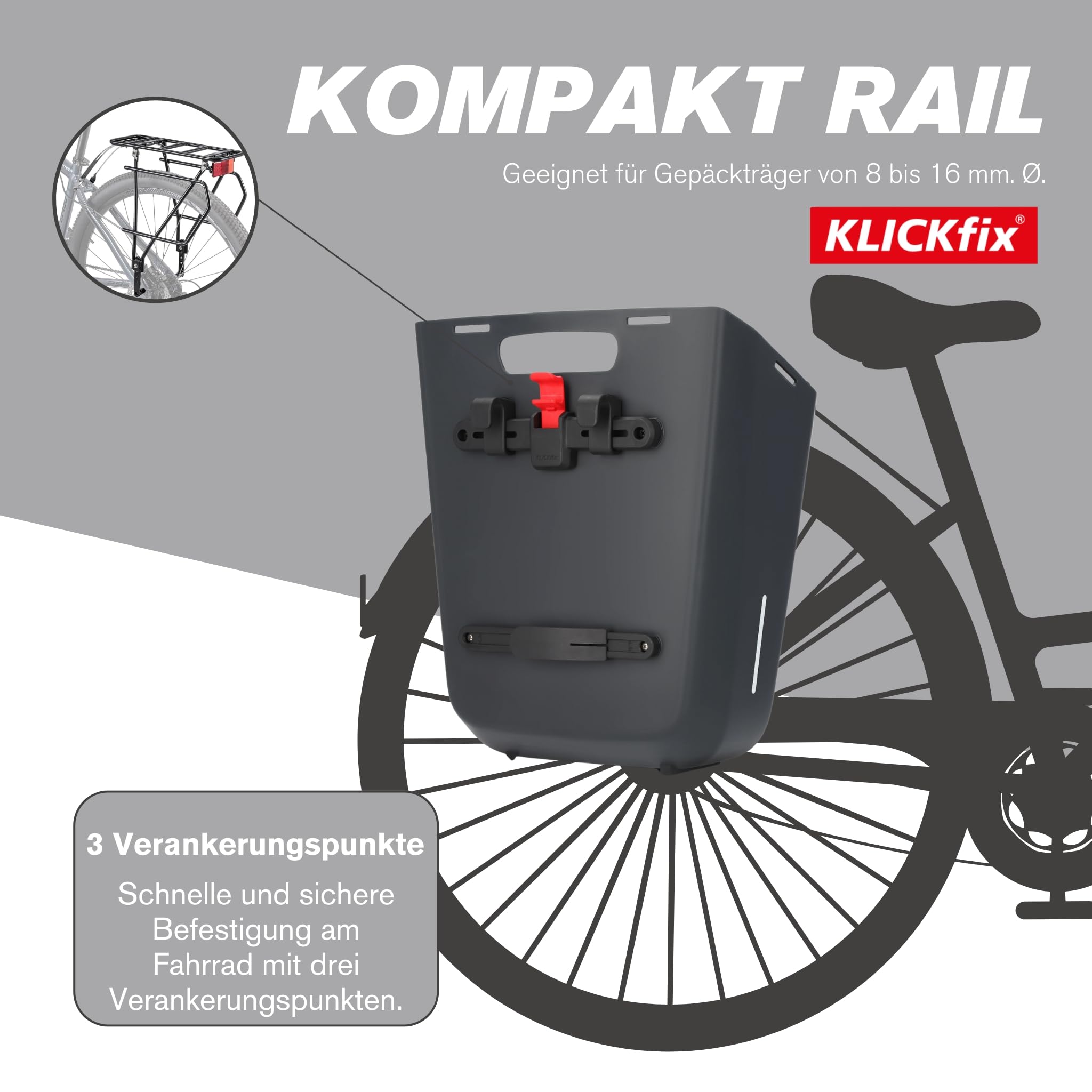 SHAD Bikes Abnehmbarer Fahrradkorb 20L Bike Box Quick Release KLICKfix | Aus Polypropylen, extrem schlagfester Korb, mit KLICKfix-System schnell abnehmbar, für E-Bikes und Cityräder. Grau.
