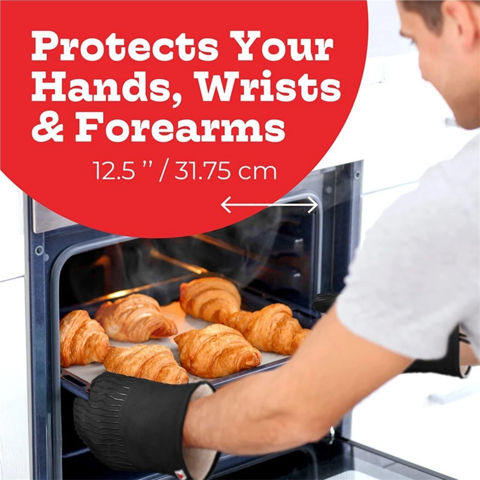 Ofenhandschuhe mit der Hitzebeständigkeit von Silikon, Ofenhandschuhe, Füllung aus recycelter Baumwolle, Frotteefutter, for Kochen in der Küche Für Kochen Und Backen(Black)