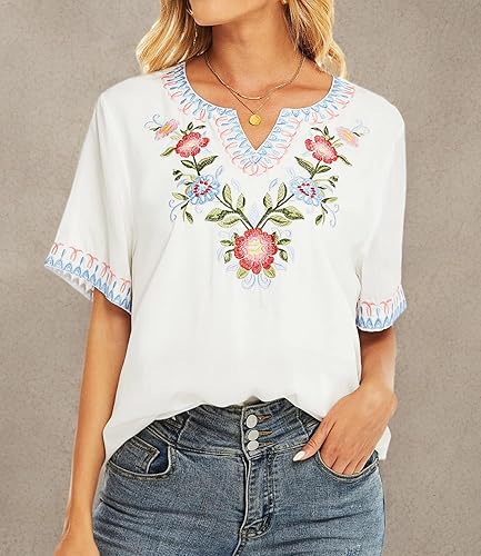 Miniatura 8 de Higustar Blusas bordadas mexicanas blancas para mujer, camisa floral campesina, ropa bohemia tradicional, blusa tipo túnica para fiesta