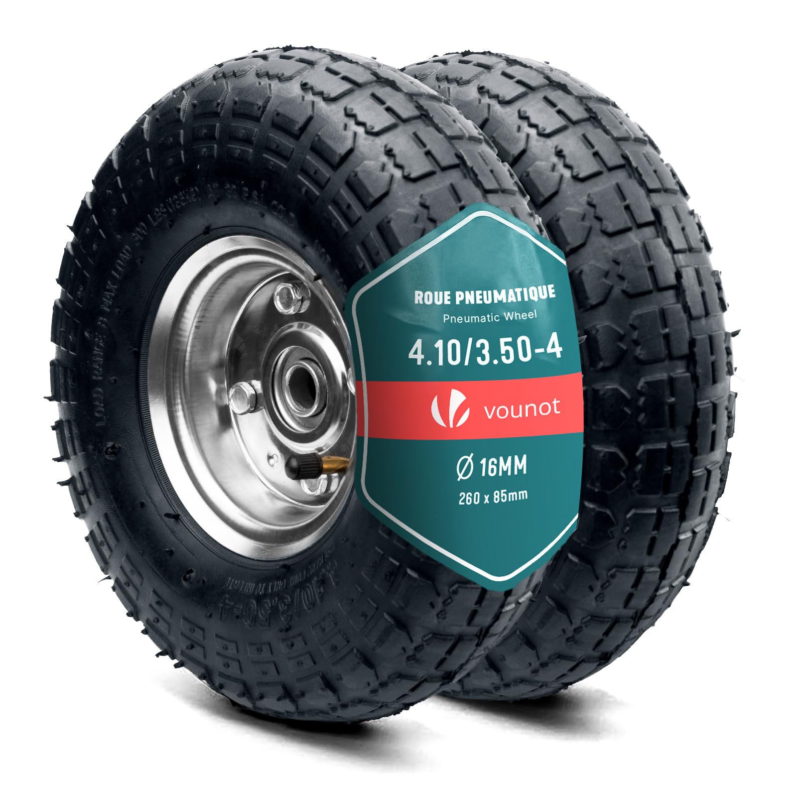 VOUNOT® 2 Ruedas Inflable 4.10/3.50-4" Rueda Completa Neumático Cámara con Válvula Llanta Rodamientos Bolas Eje 16mm 260x85mm Neumáticos Recambio para Carretillas Obra Carros Jardinería Remolque Negro