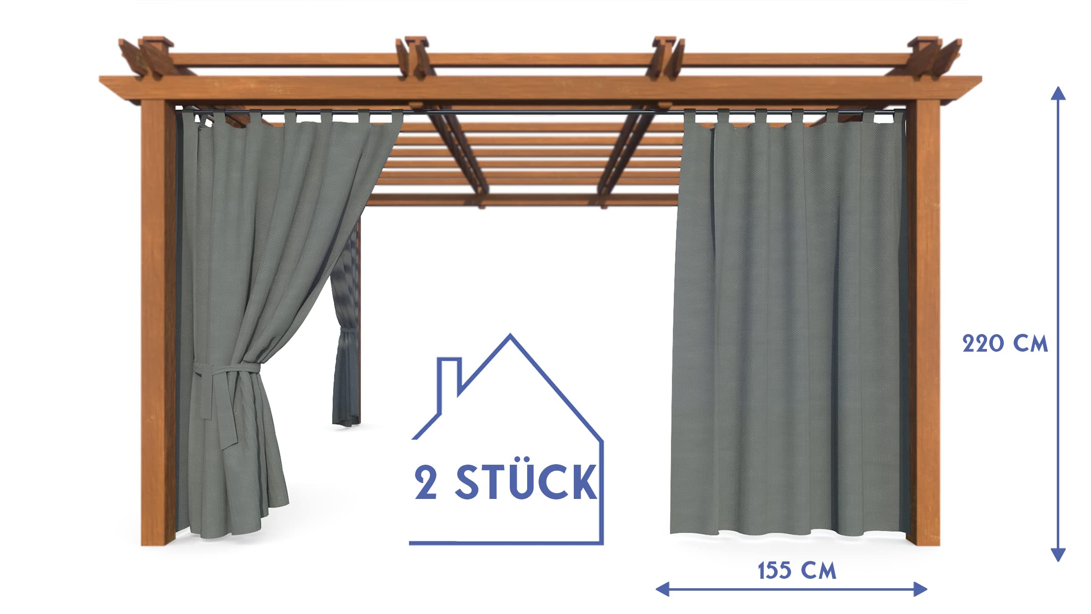 Terrassenvorhang, Wasserdichter Gartenvorhang für Terrasse, Balkon, Pergola & Pavillon, Schlaufen mit Klettverschluss, Schutz vor Sonne, Regen & Wind, Grau, 220 x 155 cm, 2 Stück