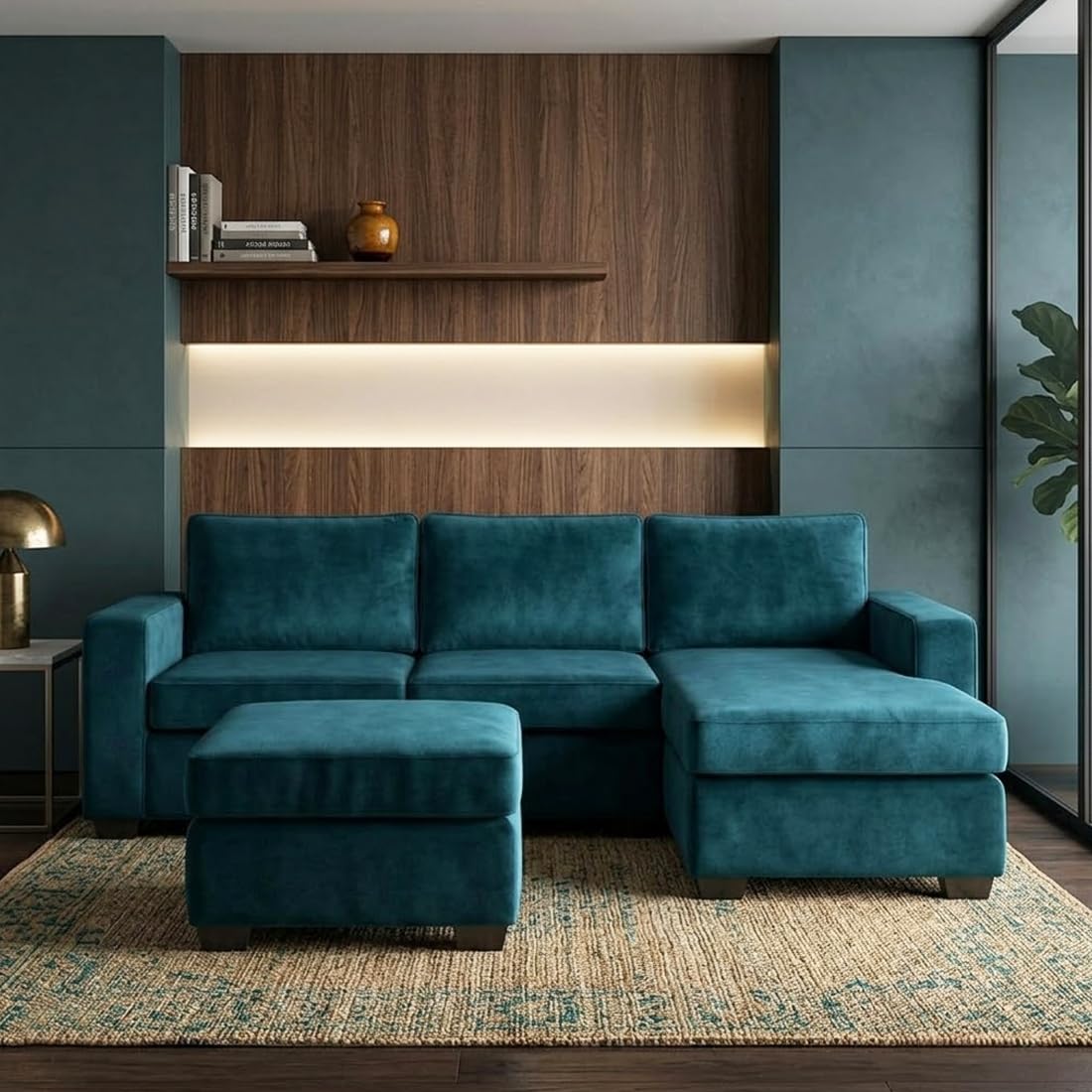 Alvaro Remo 5 Seater Fabric L Shape Sectional Sofa Set with Ottoman, Velvet Finish Corner Sofa, Right Hand Facing Lounger for Living Room, Home, Office & Hotel - Ocean Green-image-22