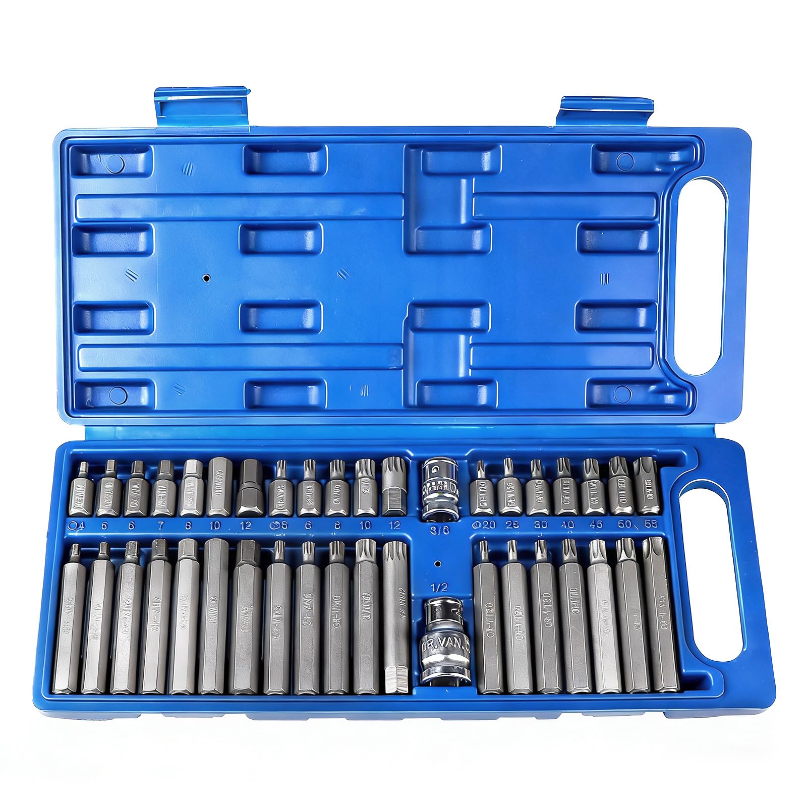 40 PCS Coffret Douille Torx Male 1/2", 3/8", Embout Torx a Choc, Hexagonal Douille Kit T20-T55 M5-M12 H4-H12 avec Boîte Bleue, pour Réparation Automobile