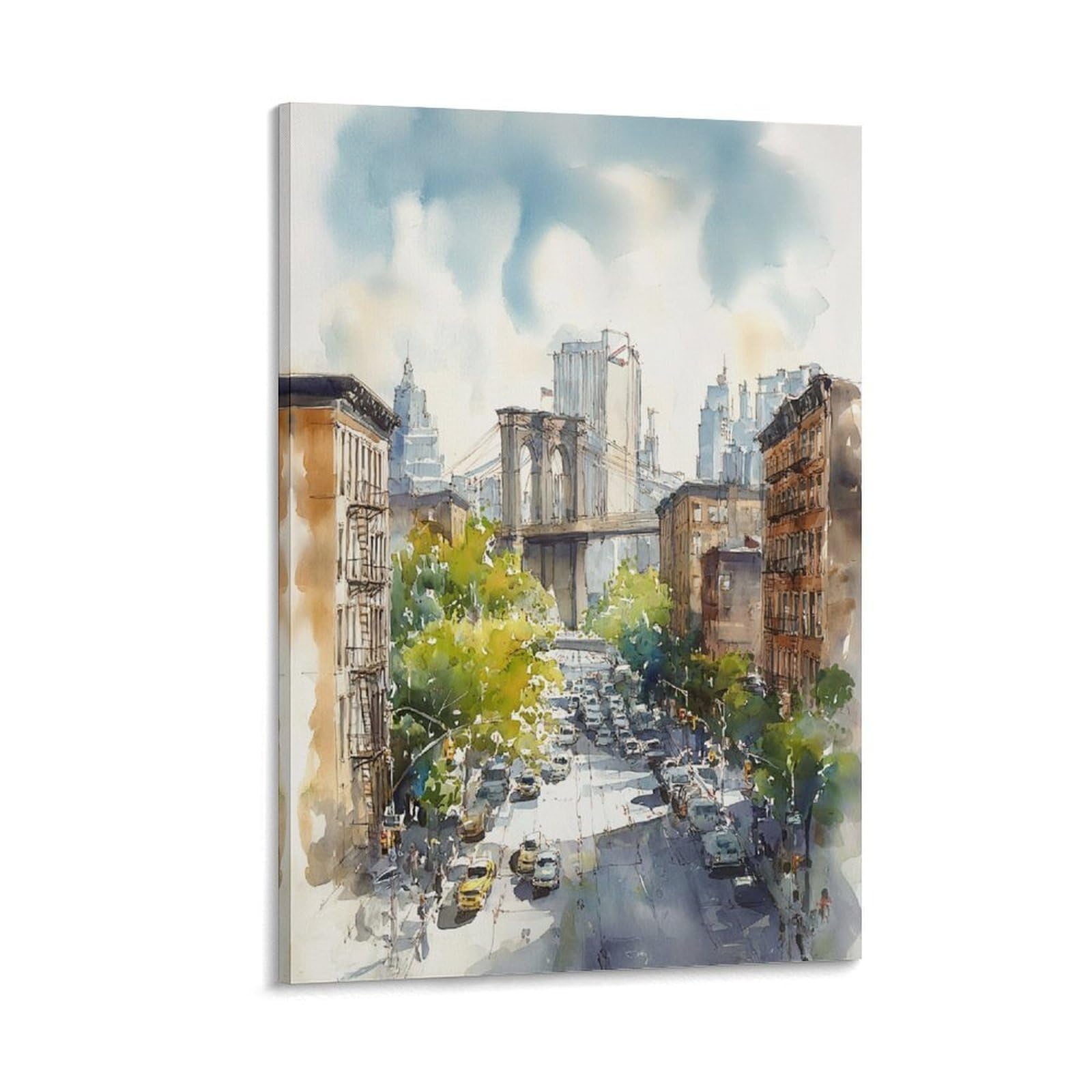LCYNNH Brooklyn Bridge Watercolor Painting New York Travel Posters 12x18inch(30x45cm) Print Home Bedroom Office Living Room Decor Canvas