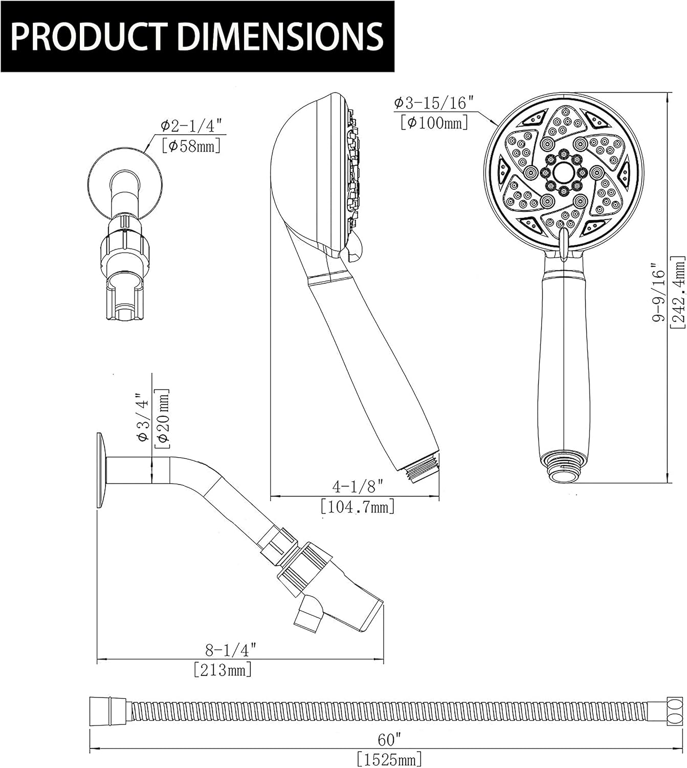 Tonnyund High-Pressure Handheld ShowerHeads 5 Spray Settings Shower Head with 60 Inch Stainless Steel Hose,Adjustable Bracket,Shower Arm and Flange,Chrome - - 