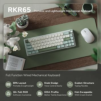 RK ROYAL KLUDGE R65 Wired Mechanical Keyboard with Knob, 60% Percent QMK/VIA US Layout RGB Backlit Gasket Mount Gaming Keyboard with PBT Keycaps, MDA Profile, 66 Keys Hot Swappable Cream Switch, Cyan