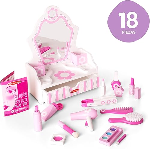 Miniatura 4 de Melissa & Doug Juego de madera para salón de belleza, tocador de 18 piezas con juguetes de simulación, maquillaje, espejo, accesorios y más