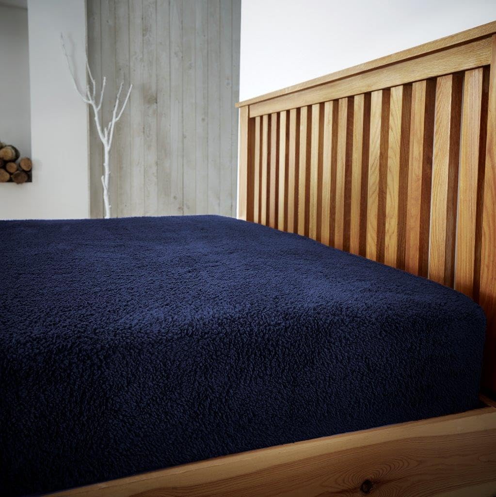 LIZZIE JACOBS Teddy Sherpa Fleece Fitted Bed Sheet Thermal Super Soft Warm Cosy Luxurious Plain Teddy Bear Fleece Bed Sheets (Navy, Single)