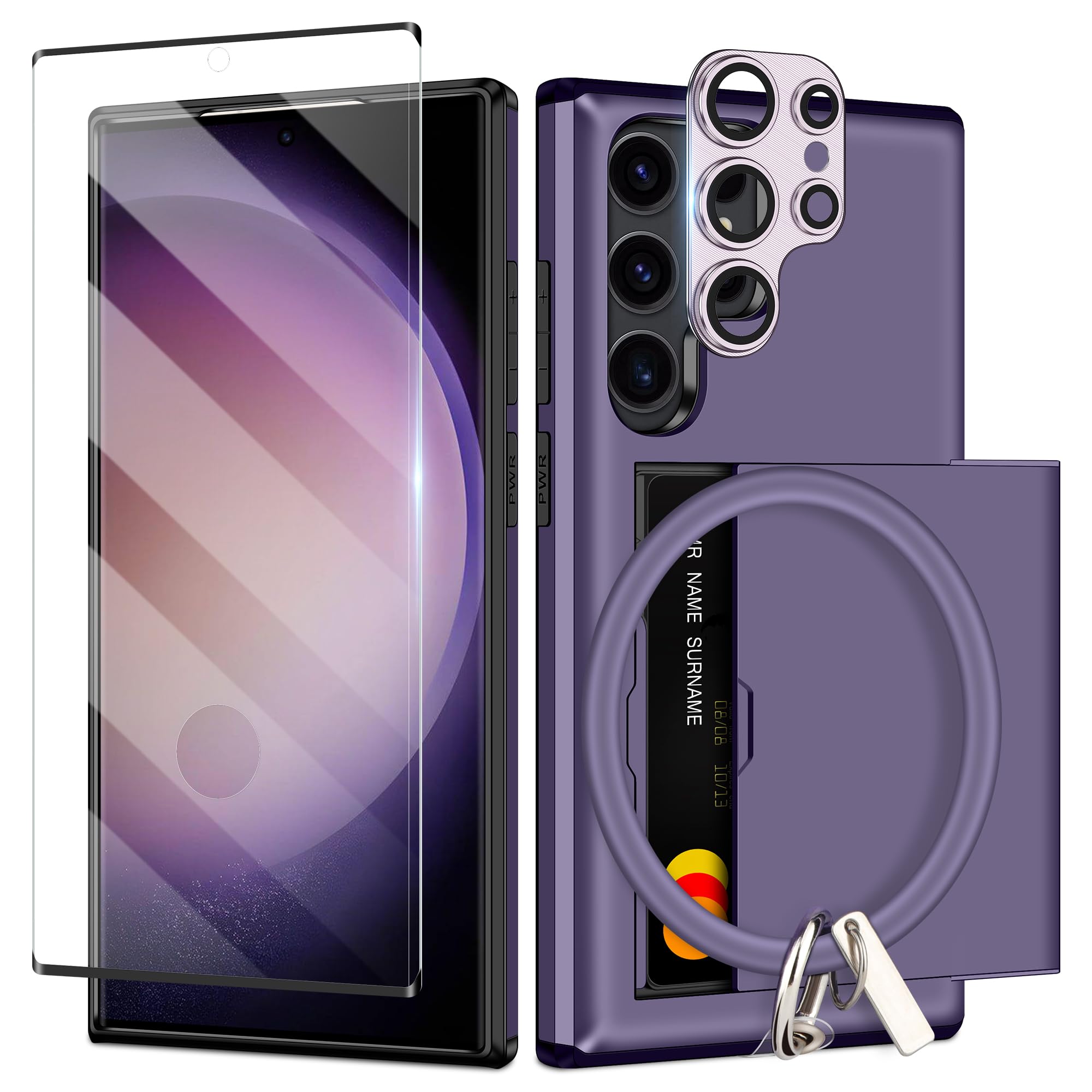 Coolden for Samsung S23 Ultra Case with Card Holder & 1 Screen Protector + 1 Camera Lens Protector Lanyard Protective Shockproof Wallet Cases Cover for Samsung Galaxy S23 Ultra Case-Purple