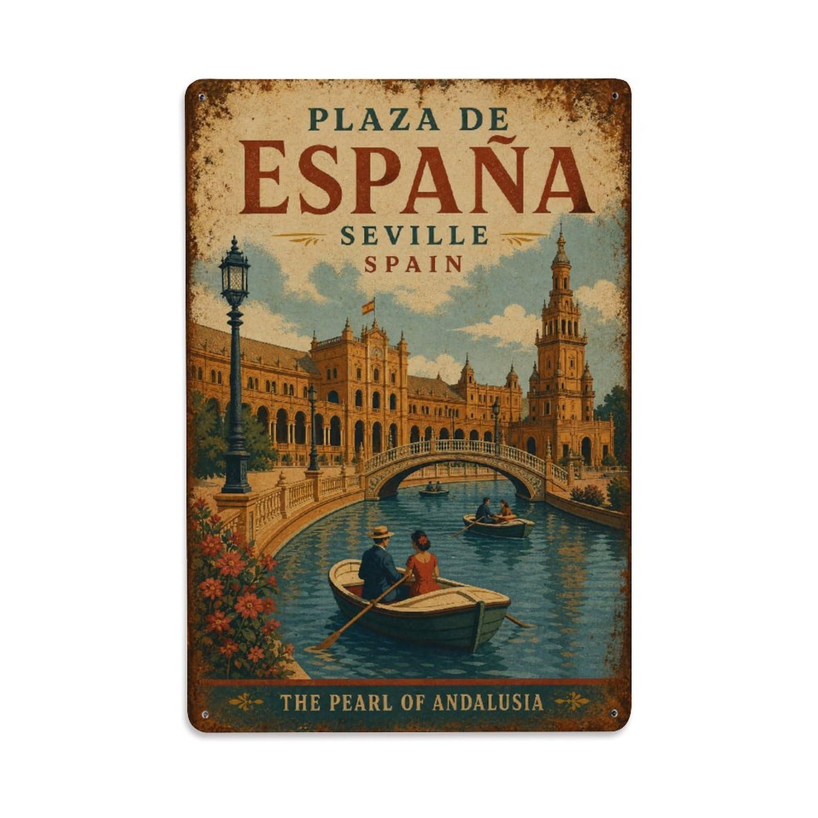 Yrnq 08X12inch Vintage Style Vintage Plaza Espana Canal Boats Rowing Romantic Spain Metal Tin Sign
