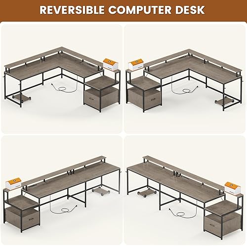 Miniatura 7 de SEDETA Escritorio en forma de L, escritorio de oficina en casa de 66 pulgadas con cajón de archivos y toma de corriente, escritorio de esquina para