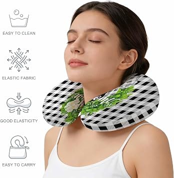 Welcome Bow Knot Wreath Neck Pillow Memory Foam U Shaped Travel Pillow, Summer Flowers Black Gray Plaid Neck Support Pillows Decorative Headrest Cushion for Airplane Sleeping Car Office