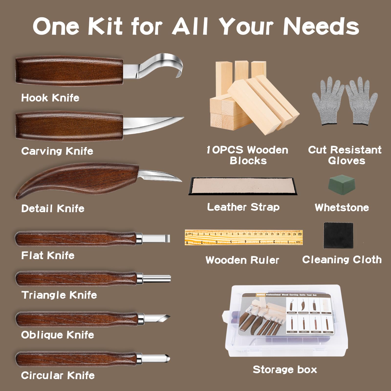 HOMCA Intaglio Legno, 32pcs Strumenti per Intaglio del Legno con 7 Pcs Coltelli intaglio, Blocchi di Legno da 10 Pezzi con Guanti Resistenti al Taglio, Pietra per Affilare, Righello, Scatola