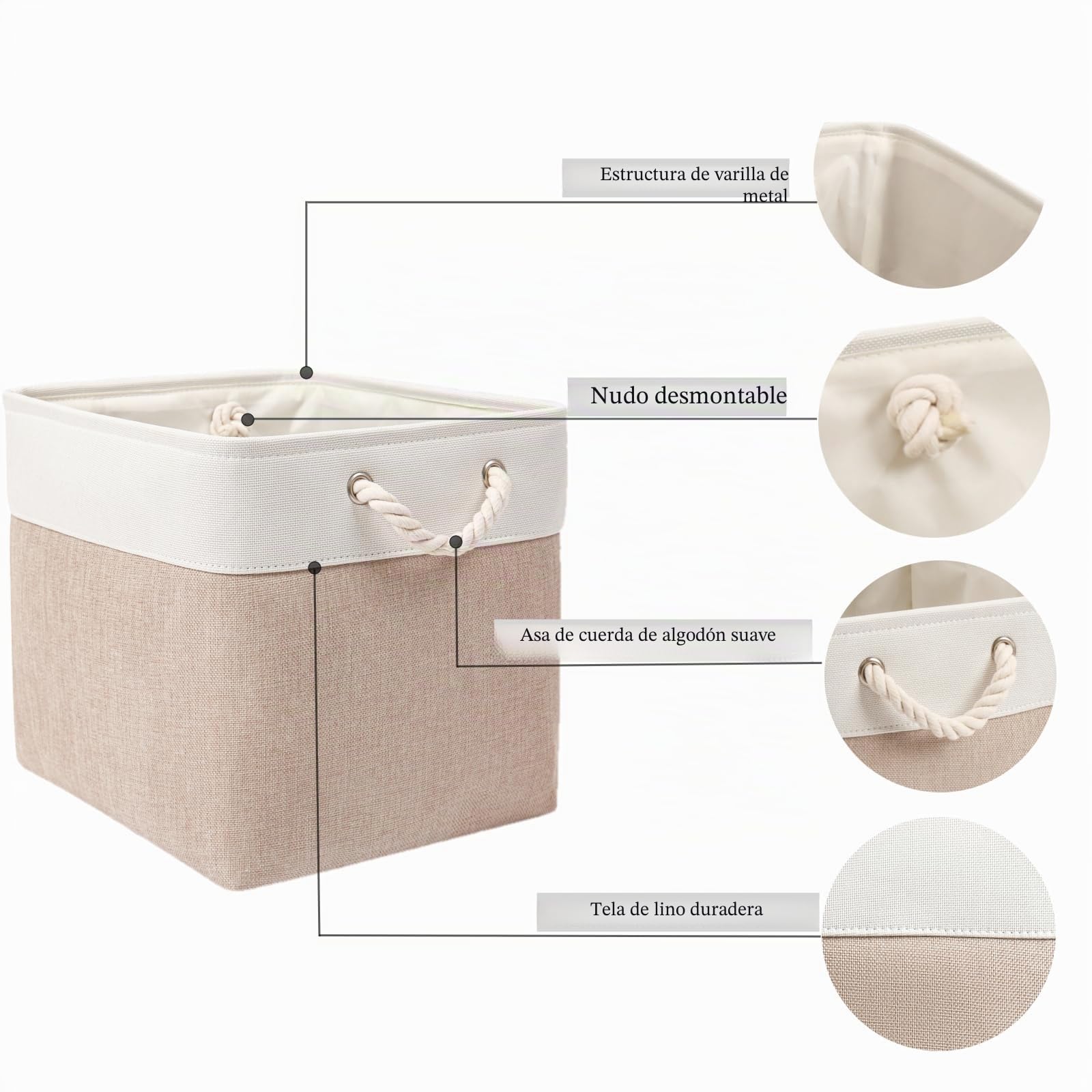 Mangata Cajas Almacenaje, 33 x 38 x 33 cm Cestas almacenaje de Lona Engrosada Plegable con Asas de Cuerda para Ropa, Juguetes (Caqui blanco, 4 Pack)