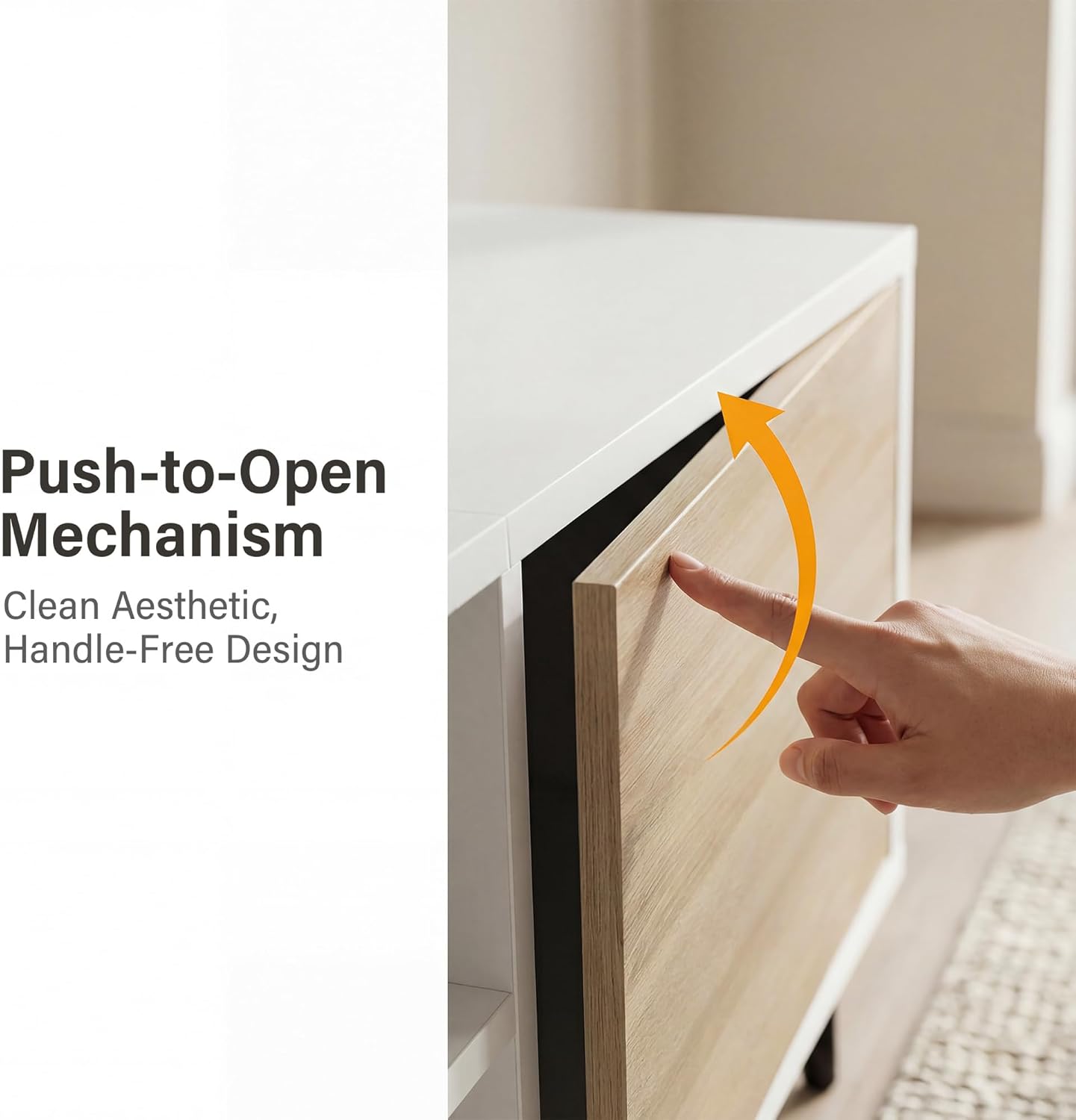 YESHOMY Mid-Century Modern TV Stand for 65-70 Inch TVs, 63 Inch Entertainment Center with Storage, Media Console with Push-to-Open Doors and Cable Management for Living Room, Bedroom(White and Beige)