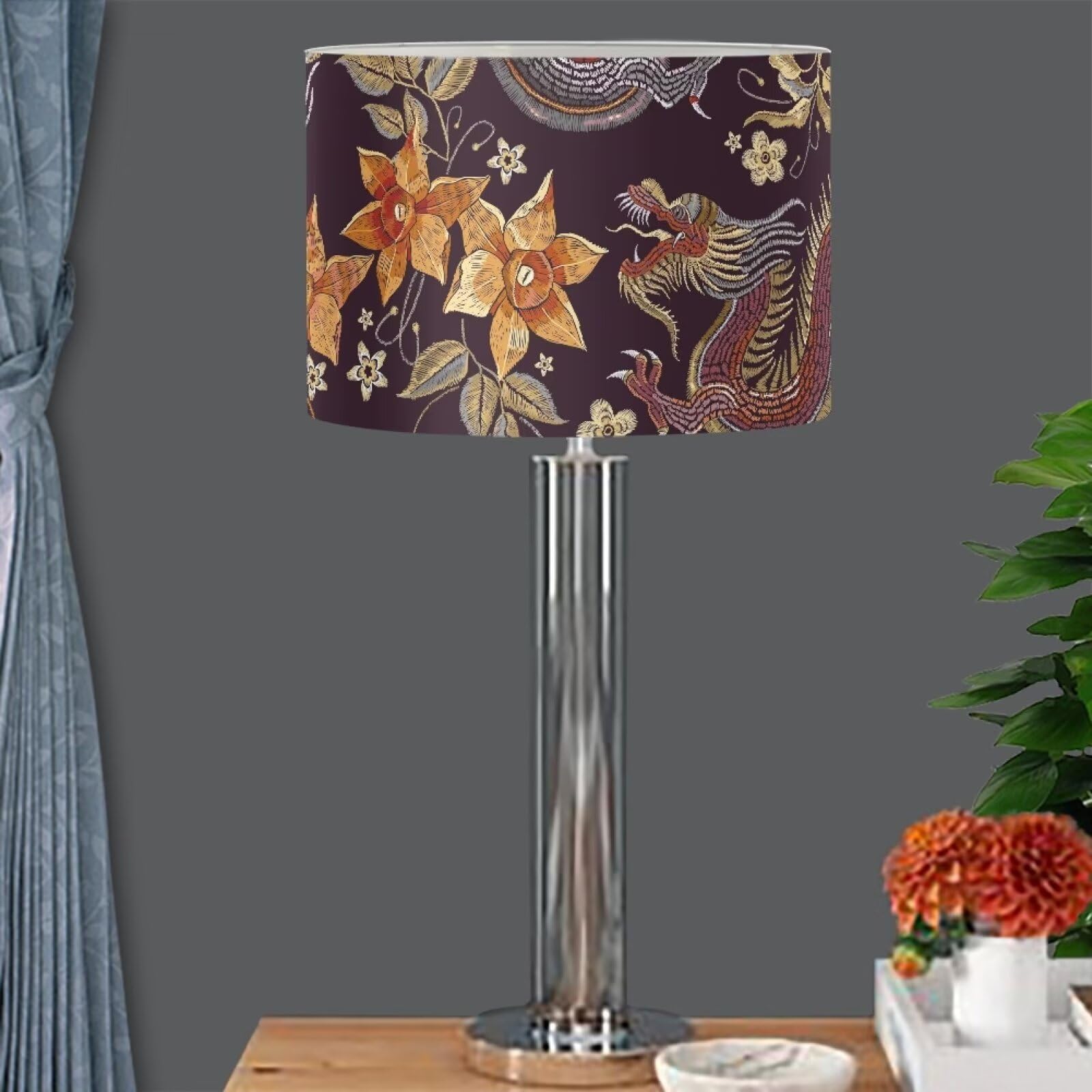 Xoenoiee Dragon Floral Print Drum Lamp Shades PVC Cylinder Lampshade, European Fit Light Shade for Table/Floor/Pendant Lamps, Large