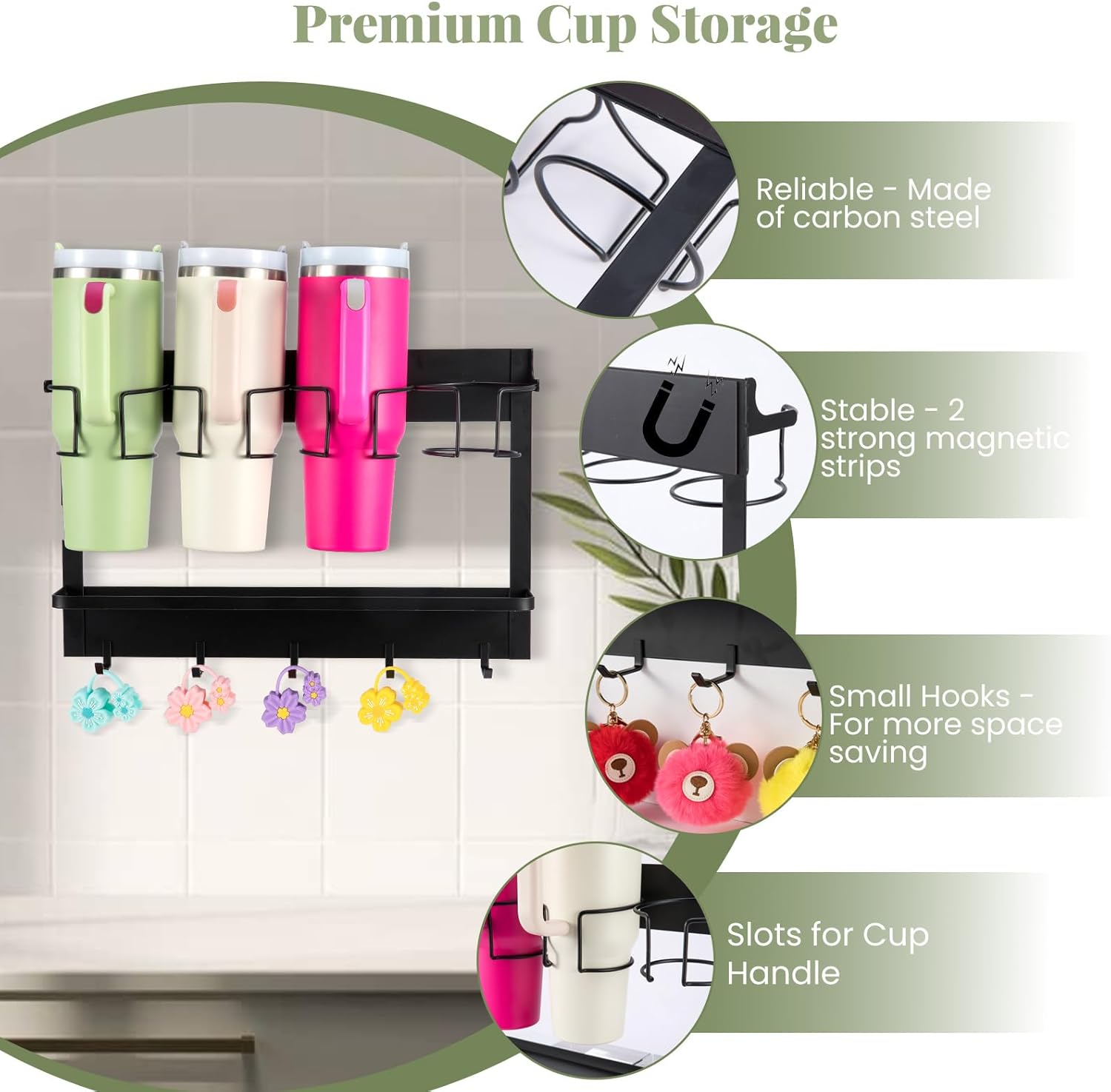 CINPIUK Water Bottle Organizer Holder, Magnetic Cup Rack Storage for Stanley & Large Tumbler, Space Saving Wall Mount Bottle Organizer with 5 Hook, Easy to Install, Black - Image 2