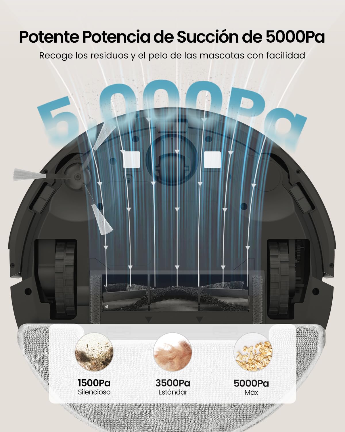 Vexilar Robot Aspirador y Fregasuelos W11 con Potente Succión 5000Pa, Robot Aspirador con Sistema de Navegación Láser Inteligente y Función de Mapeo Inteligente, Base Autovaciado, Negro