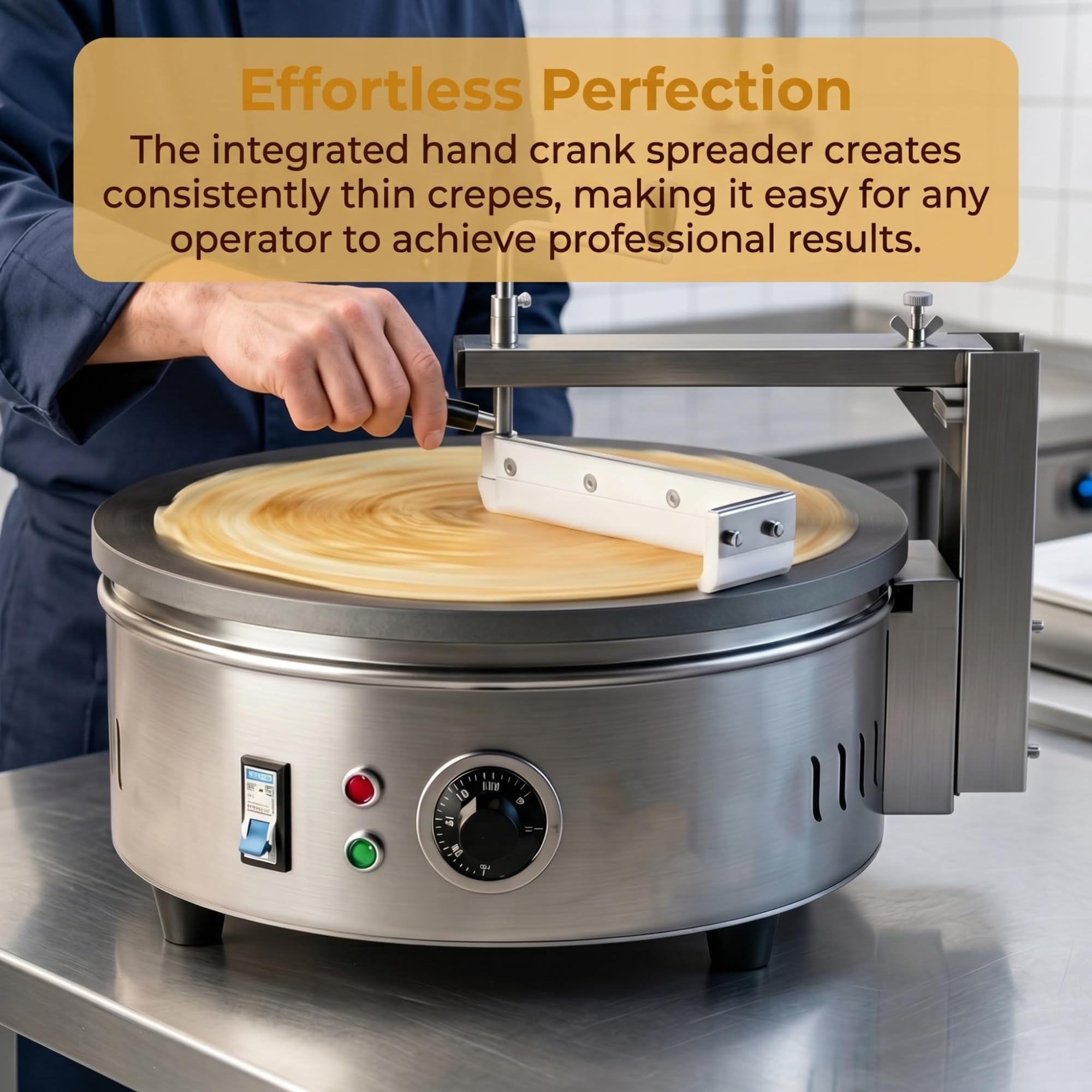 Máquina eléctrica Comercial para Crepes y Tortitas de 220 V con 7 Accesorios, Plancha Antiadherente de Acero Inoxidable de 40 cm y Temperatura Ajustable.