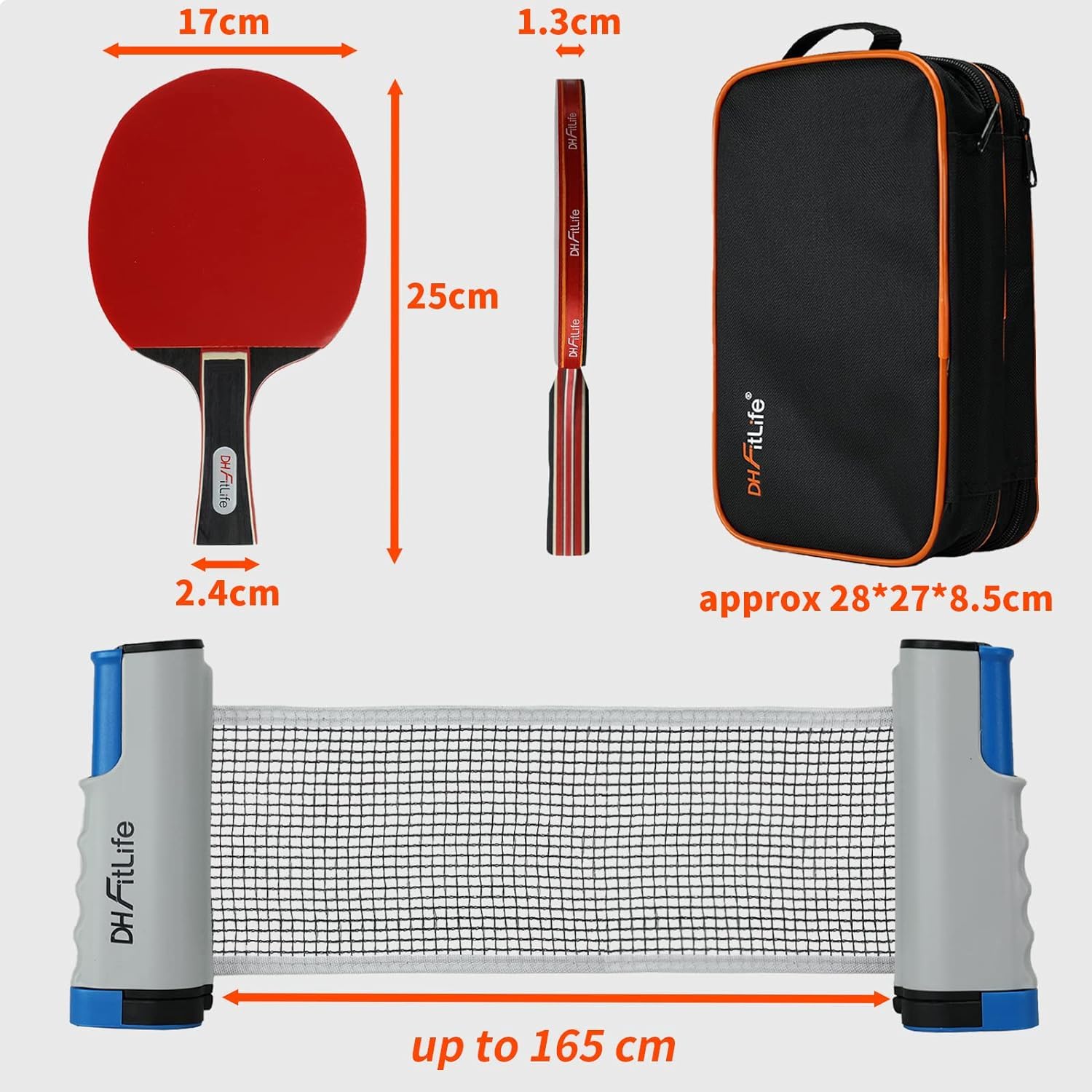 DH FitLife Set Raquettes Tennis De Table 2 Joueurs - Filet Extensible, 3 Balles Et Sac De Transport