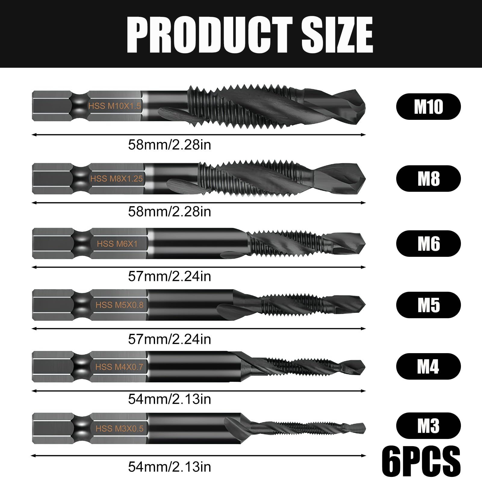 6 Pcs HSS Thread Tap Drill Bit Set, Tap Drill Bits Set M3 M4 M5 M6 M8 M10, 1/4” Hex Shank Drills and Taps Sets - Image 2