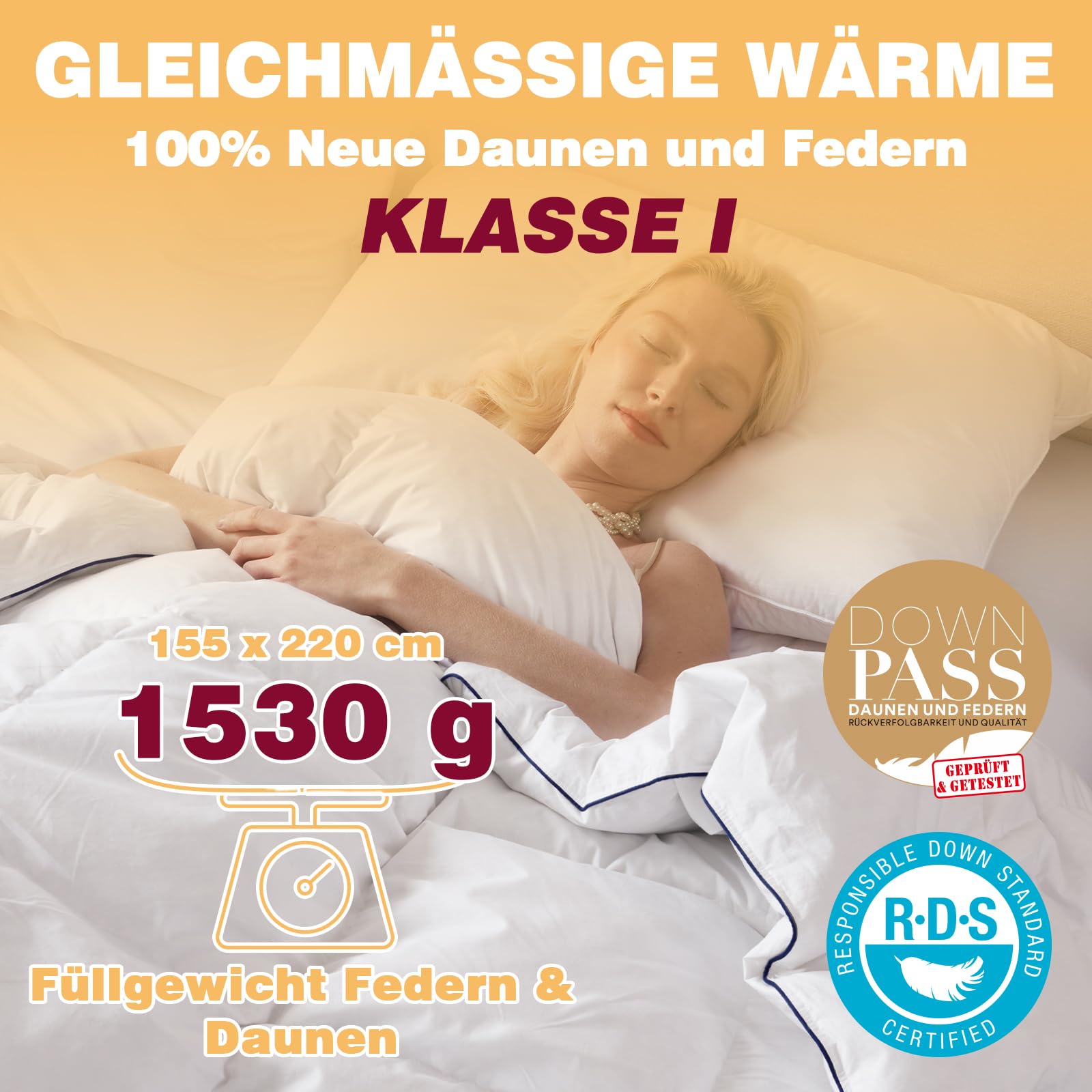 Feder und Daunendecke 155x220cm, Oeko-Tex zertifizierte Bettdecke 155x220, 100% Extraweiche Federn & Daunen, Allergiker, RDS Zertifiziert Federbettdecke, Duvet, Ganzjahresdecke