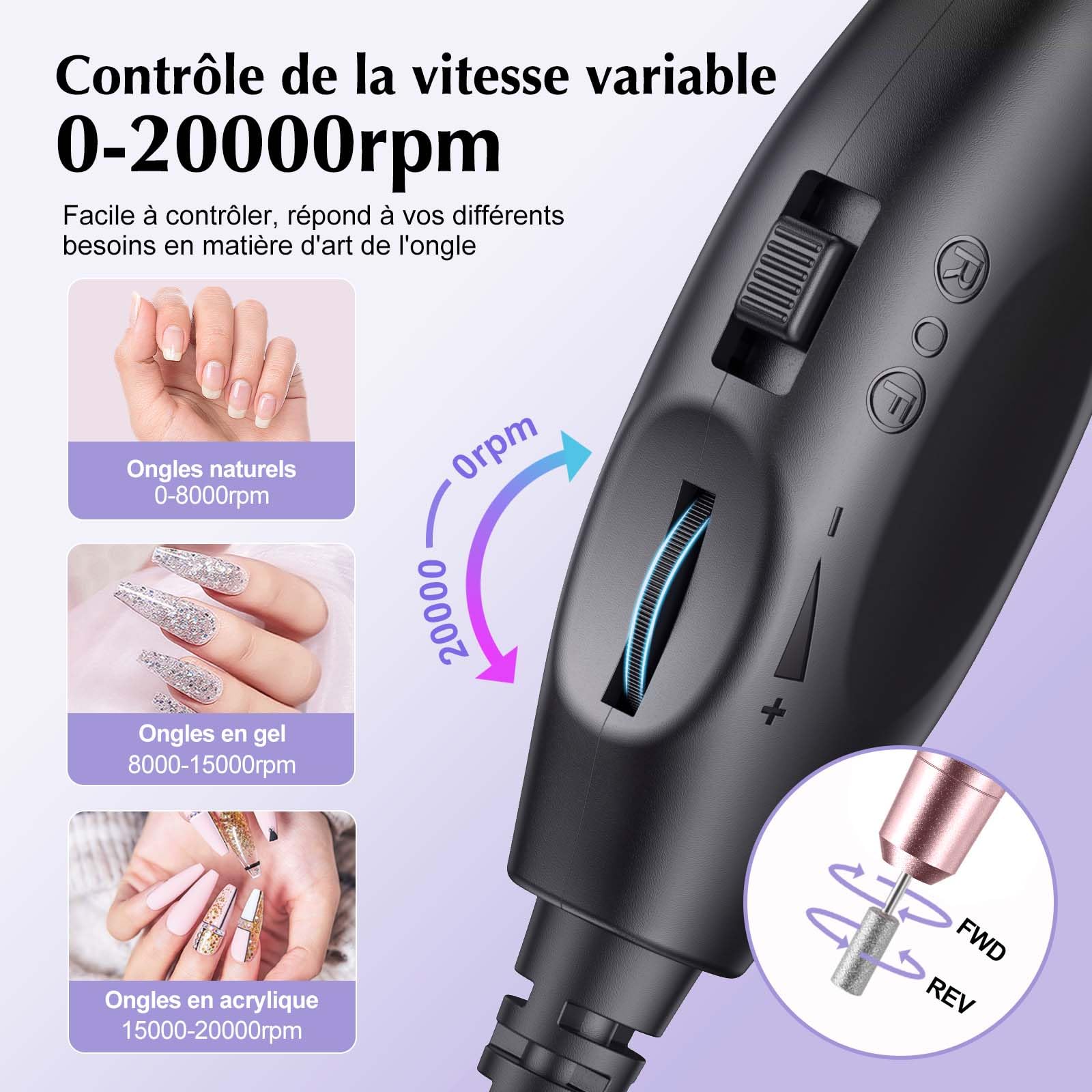 COSLUS - Lijadora de uñas eléctrica para uñas de gel, velocidad y sentido de rotación ajustable, kit de manicura y pedicura, lima de 0 ngles eléctrica para uñas de gel, profesional