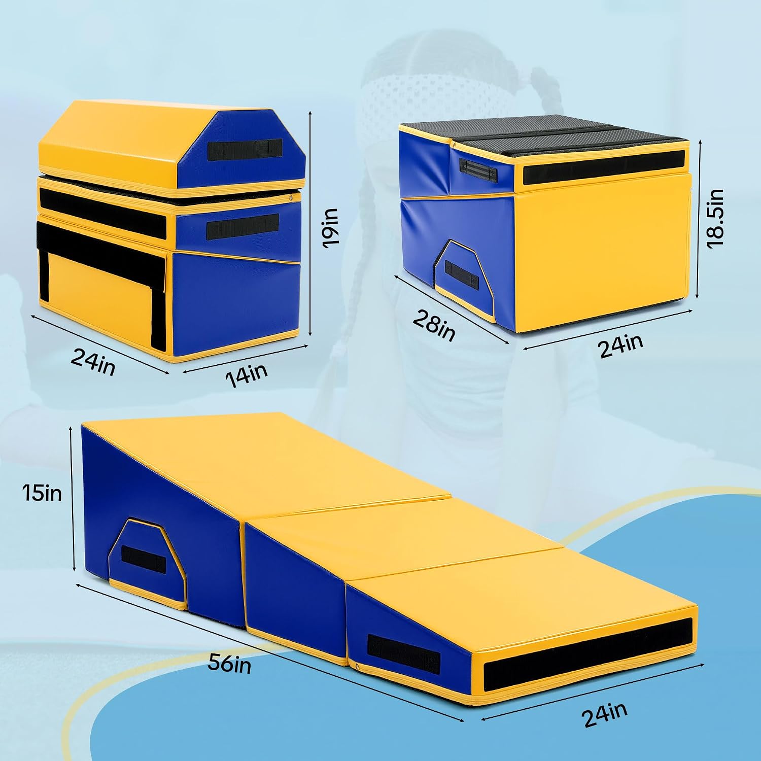 MABOZOO Folding Gymnastics Incline Mat, High Density Foam Cheese Wedge Mat for Kids Tumbling & Home Gym, Non-Slip Folding Skill Trainer for Gymnastics, Stretching, Martial Arts (Yellow & Blue)