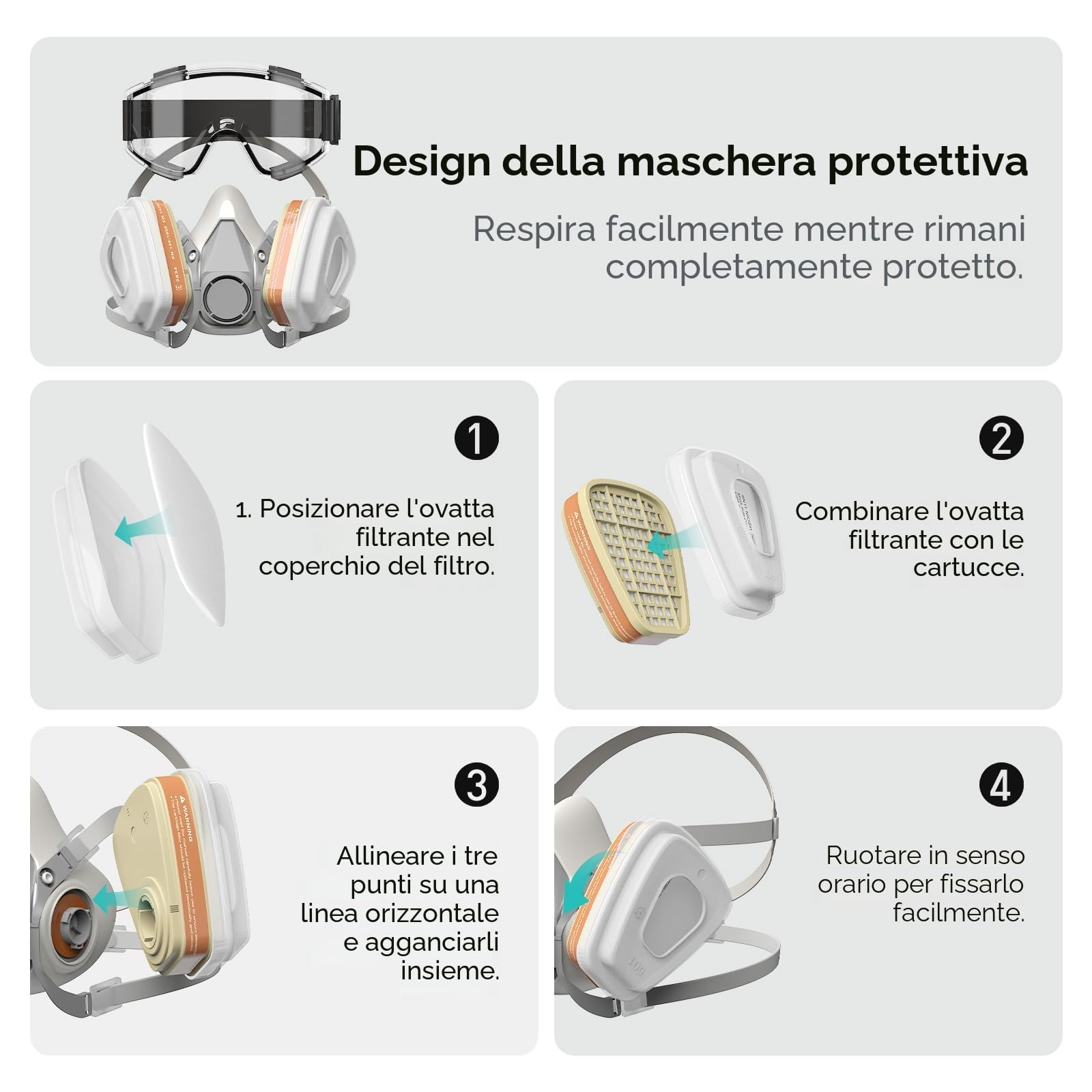 AIMAX Maschera di protezione respiratoria con filtro A1P2, occhiali protettivi, riutilizzabile per verniciare, levigare, spruzzare