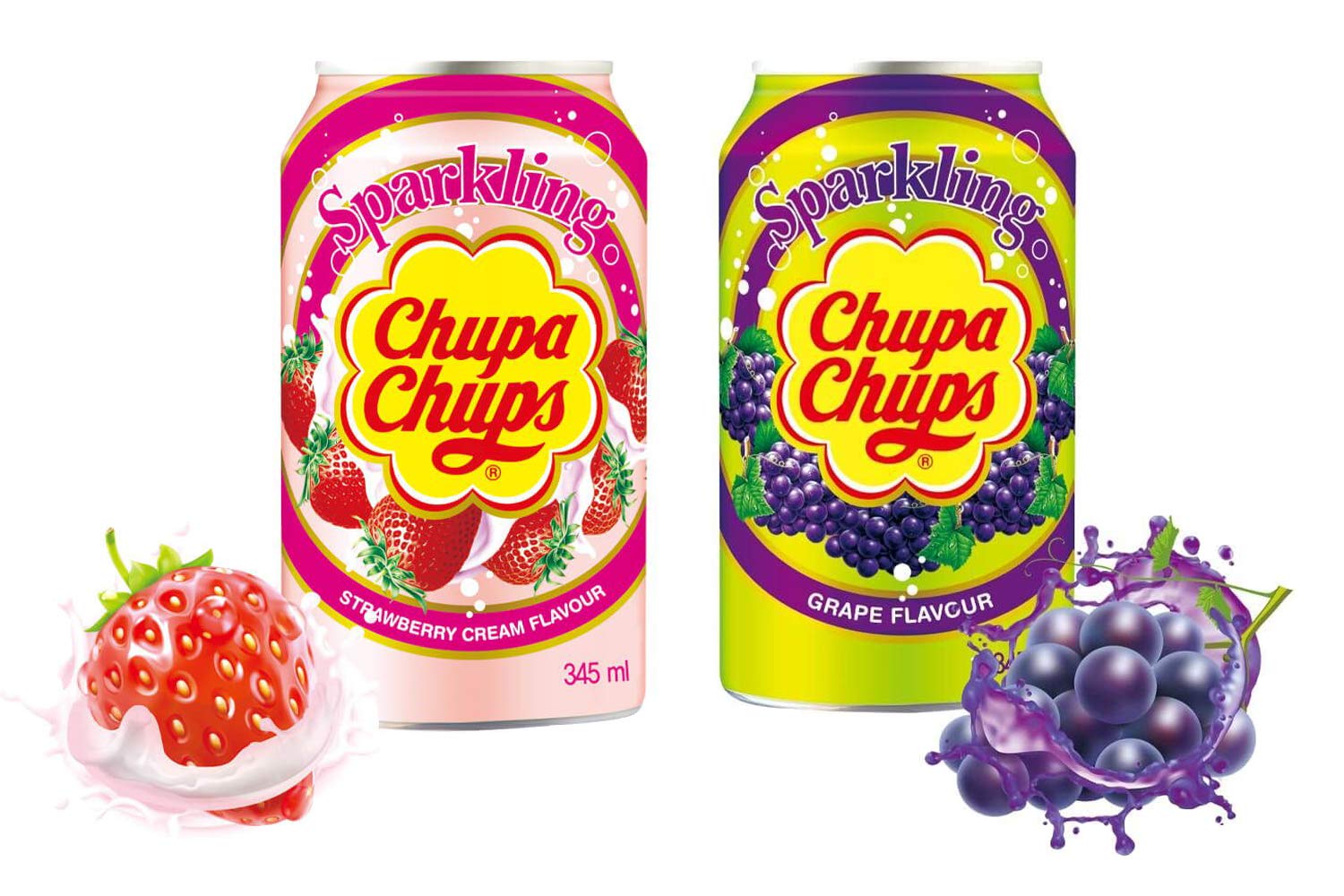 2 x CHUPA CHUPS DIFFRENT FLAVOUR SOFT DRINK CANS 345ML (Strawberry, Grape)