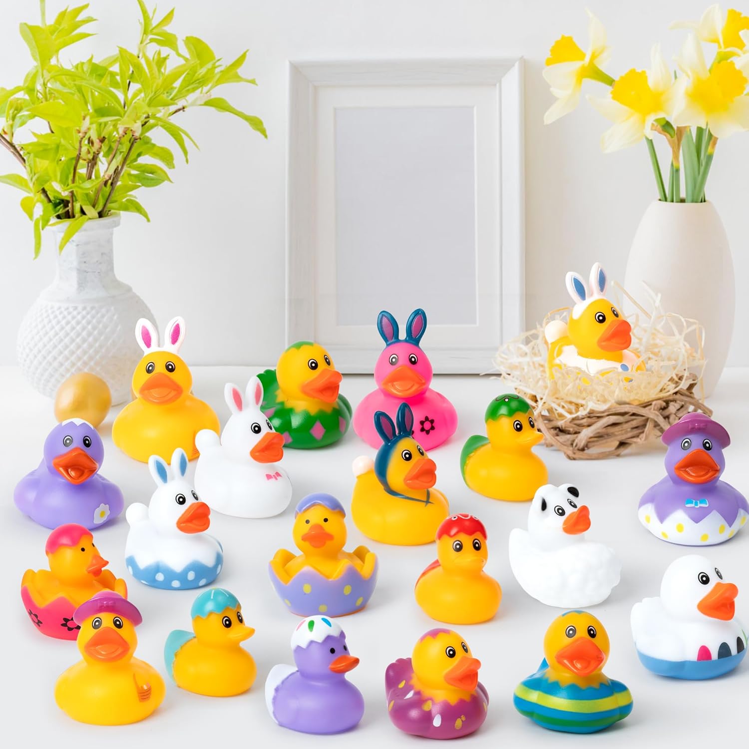 H1vojoxo Easter Rubber Ducks for Cruise - 20 Sets Assorted Bunny Rubber Duckies for Kids Pool Bath Toy Bag Fillers Gifts Cruise Duck Tags Kits for Easter Basket Stuffers Baby Showers Accessories